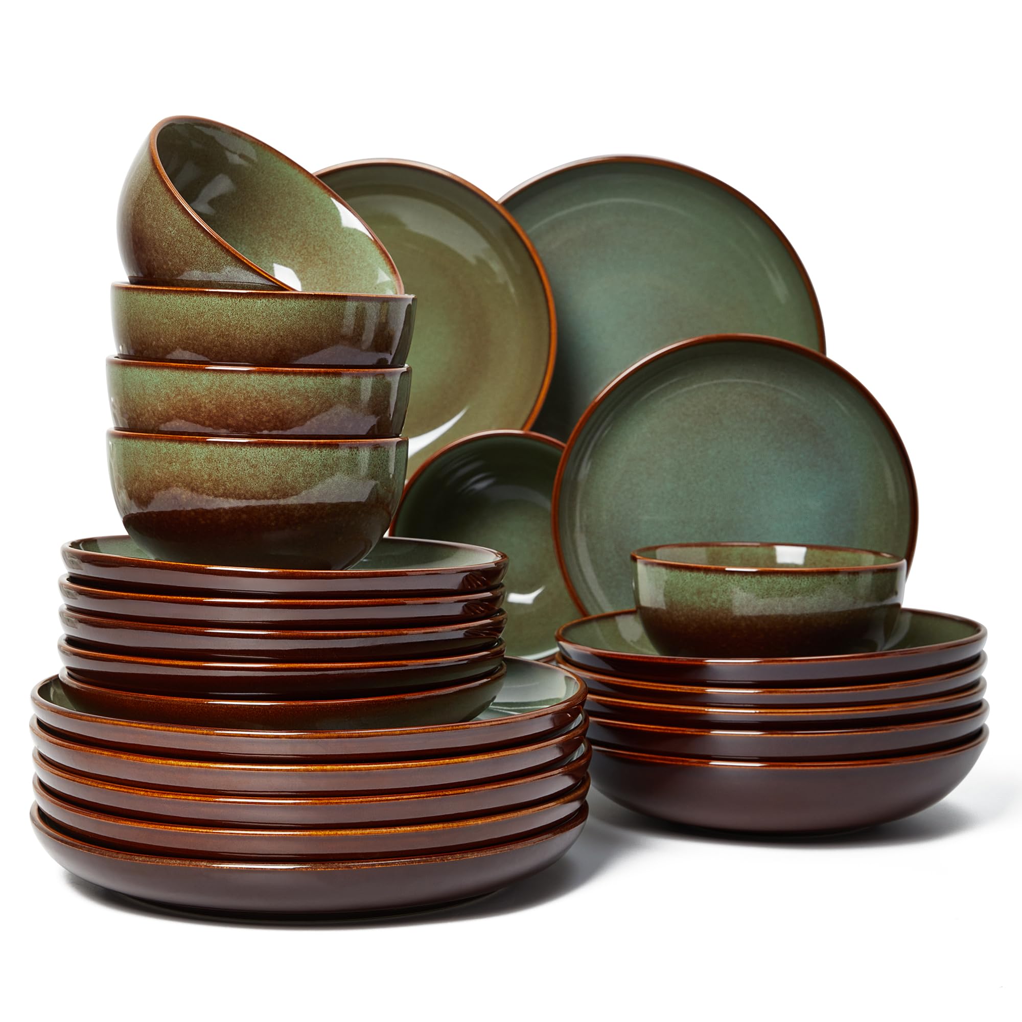 Stoneware Dinnerware Set for 6, POKINI 24 PCS Reactive Glaze Plates and Bowls Set, Handmade Ceramic Dishes Set, Highly Chip and Crack Resistant Modern Plate Set, Brown Green