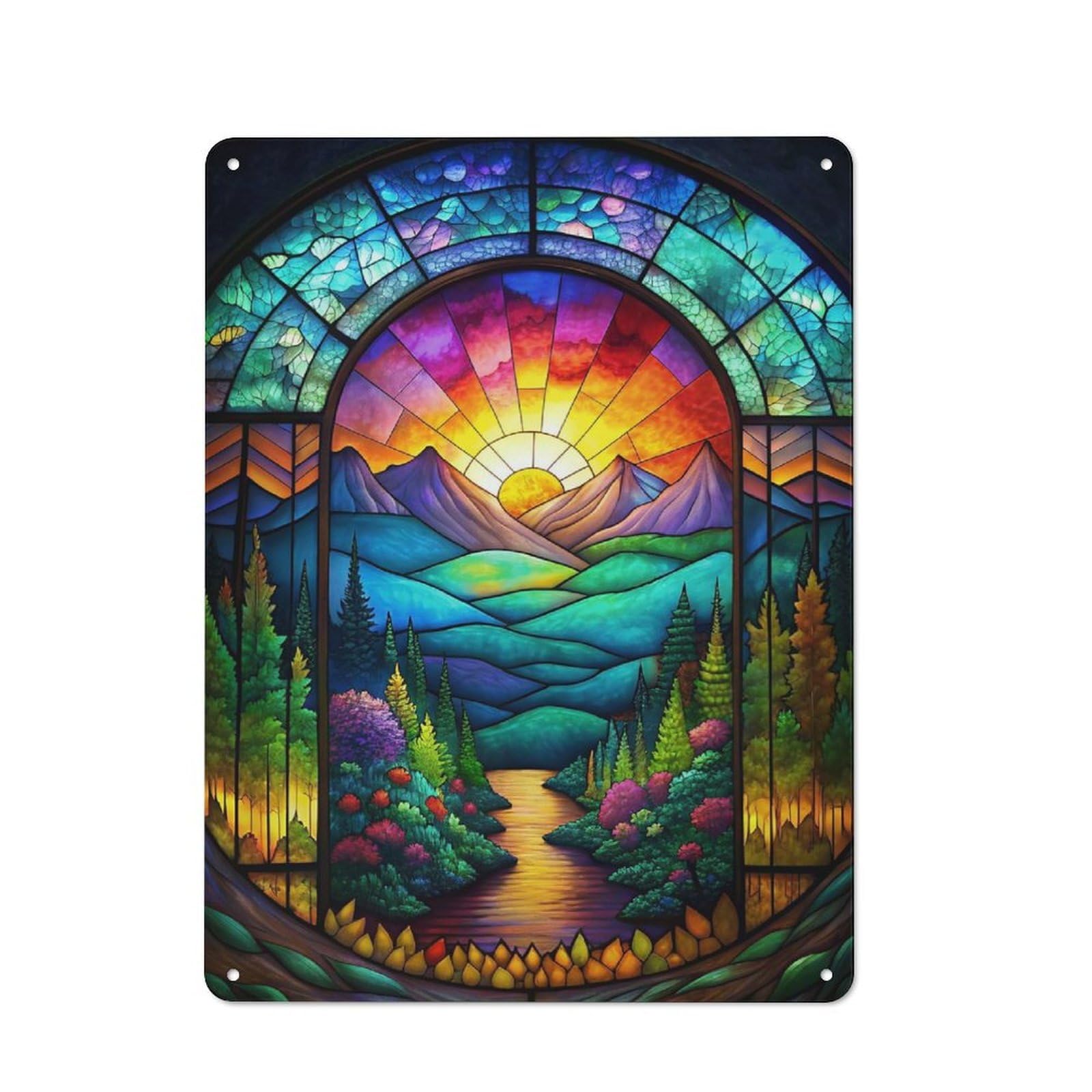 Junmoney Stained Glass Nature Scene Vintage Metal Plaque 40X30cm For Guest Room Or Hallway, A Decorative Christmas Gift For Guest Room Decorators