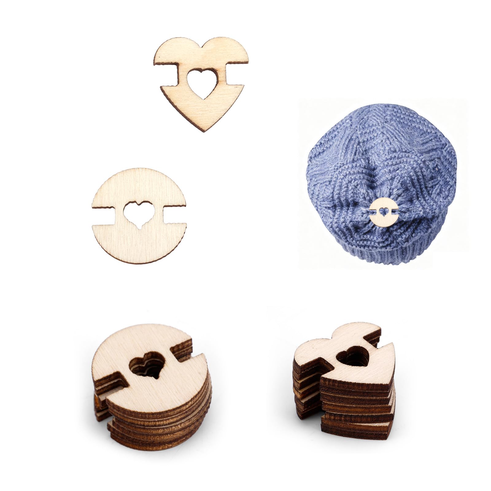 120pcs Pom Poms Buttons for Hats, Removable Handmade Wooden Buttons Faux Fur Pom Fastener Holder Pompom Keeper for Beanies Knitting DIY Craft Decor (Round & Heart Shape)