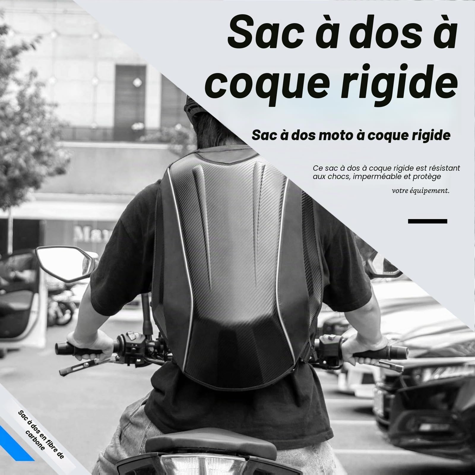 Sac à dos de moto en fibre de carbone, étanche, grande capacité, Conception avec bande réfléchissante, avec coque rigide, élégant, noir, 37 * 20 * 56cm