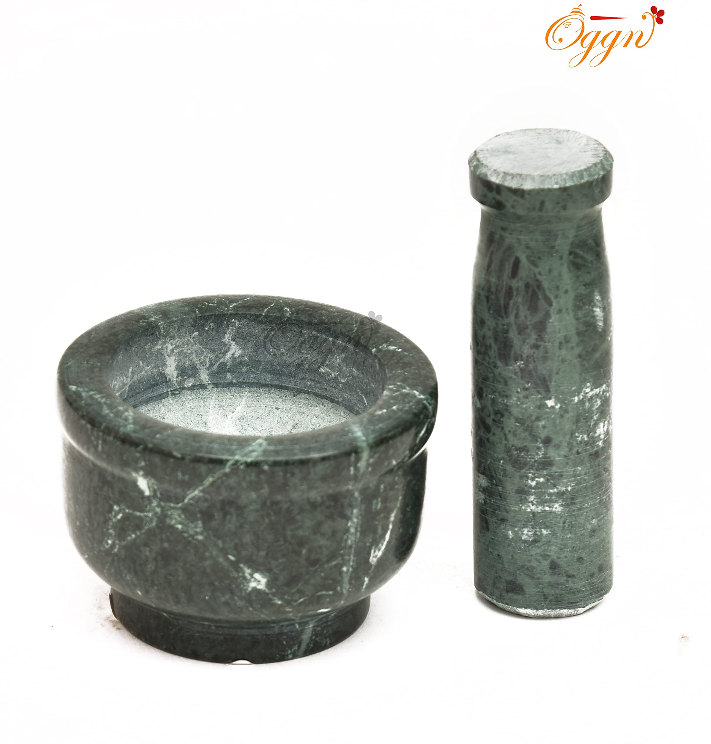 OGGN Green Marble Mortar Pestle Set, Imam Dasta, Natural Stone Okhli, Spice Mixer Kharal, Kitchen Khalbatta Masher, Ginger Garlic Crusher, Masala Kutni for Cooking (3 X 2 Inch) 1