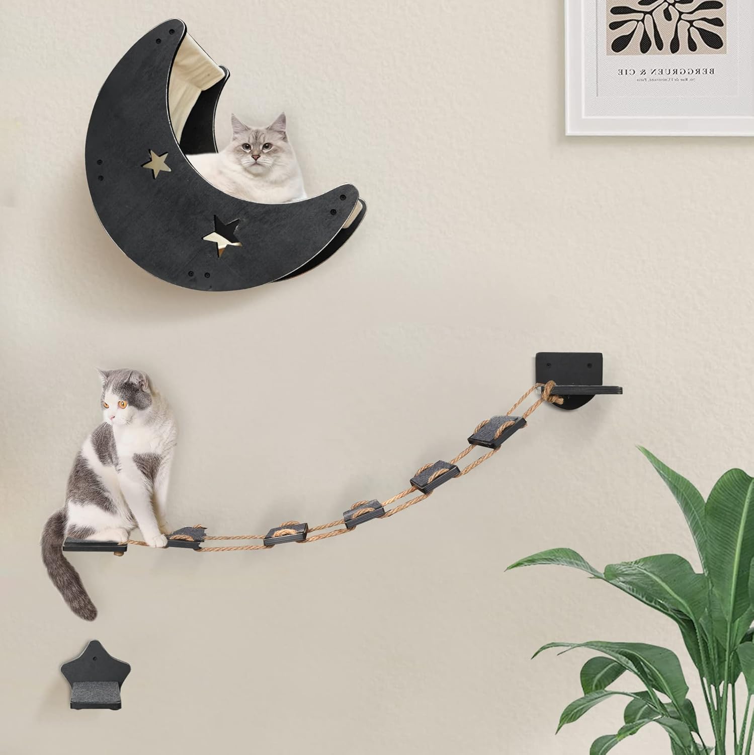 review Cat Wall Shelves, Modern Cat Wall Furniture with 1 Step and 1 Climbing Bridge Step, Cat Climbing Shelf and Perches for Wall, Cat Wall Shelf Modern Beds and Perches for Activity Indoor, Cat Gifts