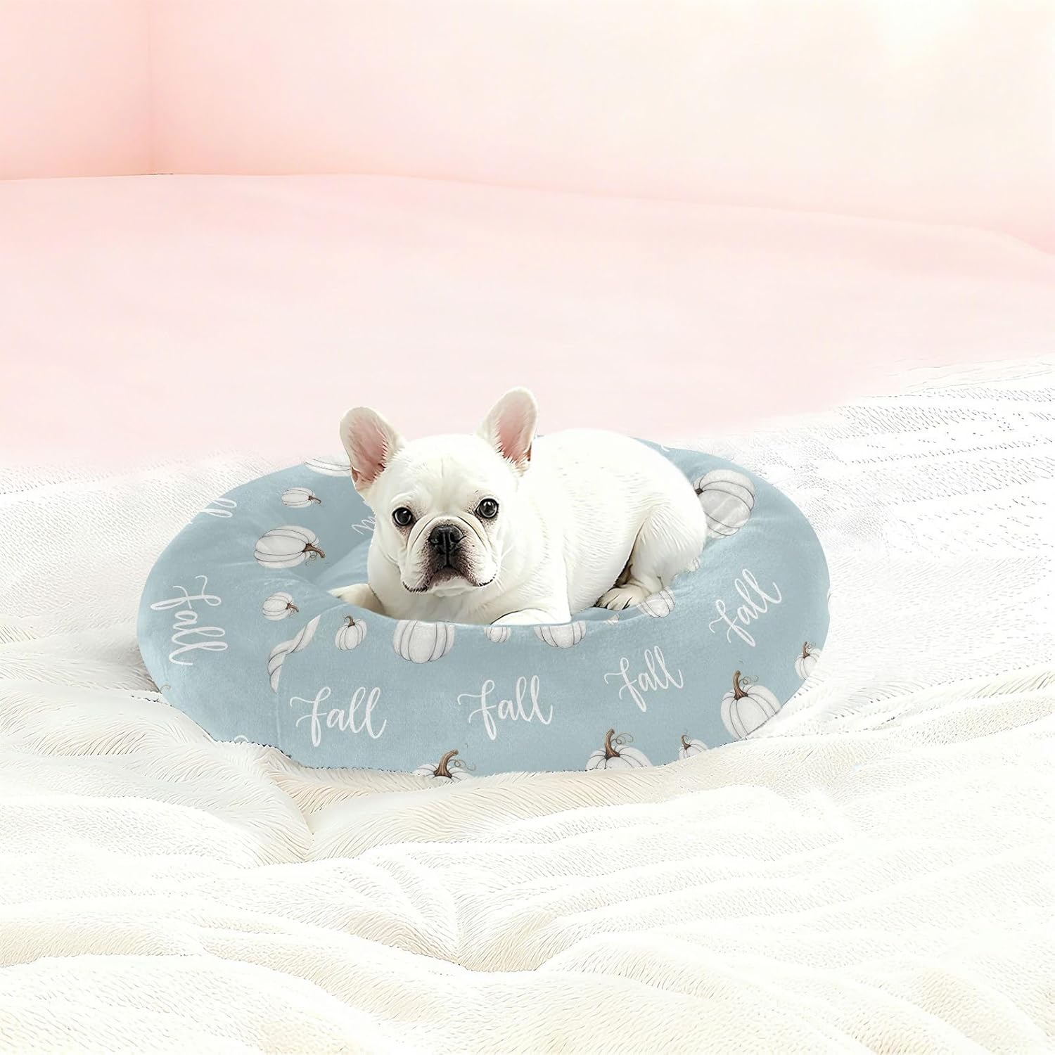 Fall Pumpkins Blue Pattern Dog Bed Donut Small Dog Beds Washable Cat Pet Bed Cozy Puppy Beds for Dogs Cats Non Slip Soft,M