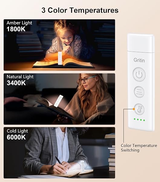 Gritin Book Light Rechargeable, Reading Light Lamp Clip on Books, 3 Eye-Protecting Modes (Mixed/White/Amber), 5 Brightness & Stepless Dimming, Long Battery Life, Flexible Reading Lamp for Readers - 3