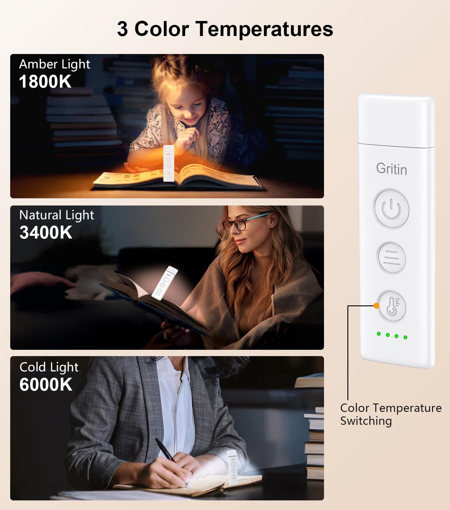 Gritin Book Light Rechargeable, Reading Light Lamp Clip on Books, 3 Eye-Protecting Modes (Mixed/White/Amber), 5 Brightness & Stepless Dimming, Long Battery Life, Flexible Reading Lamp for Readers - 3