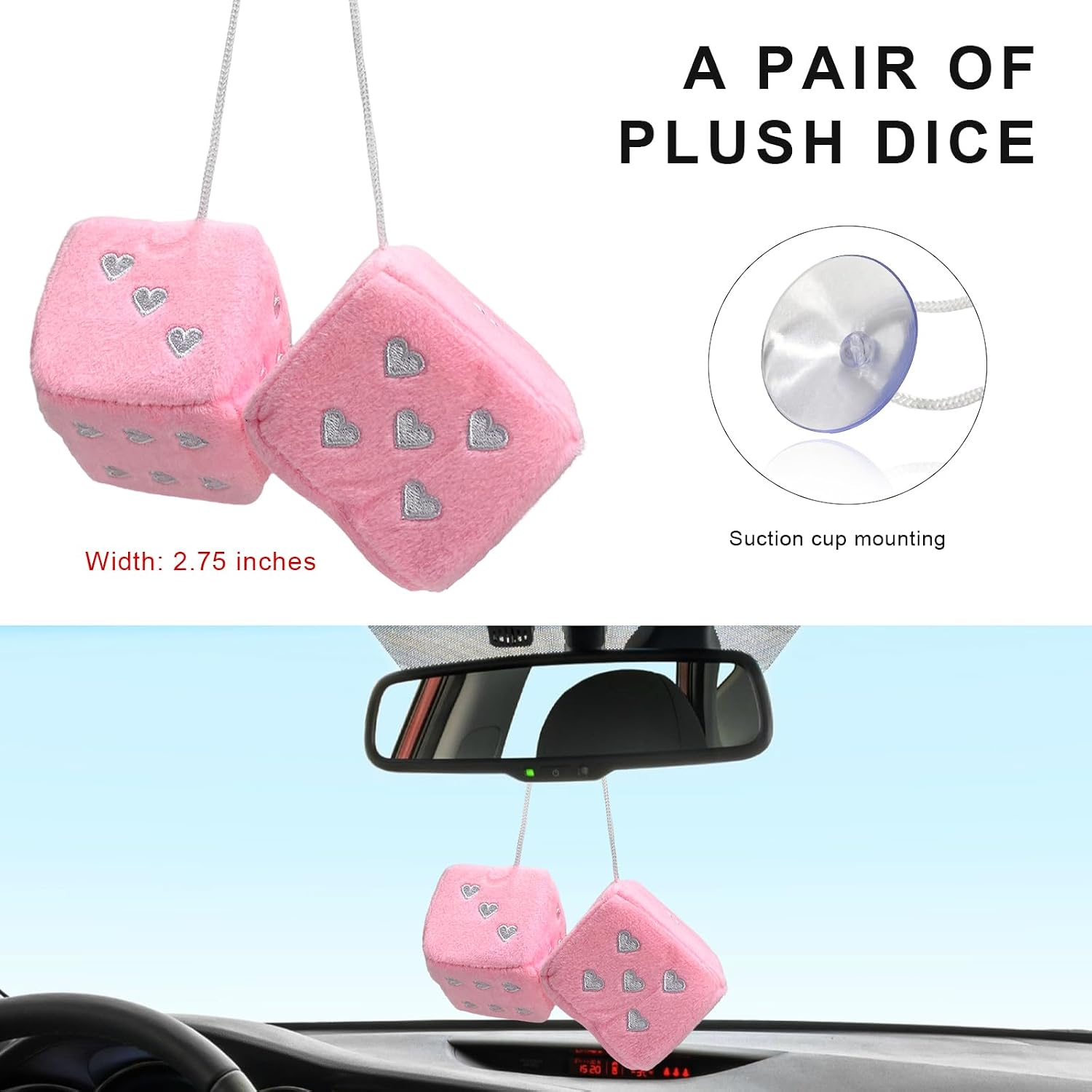 2 PCS Fuzzy Plush Dice for Car Mirror, 2.75" Retro Square Heart Shape Car Rearview Mirror Cute Decor, Fluffy Dice Vehicle Hanging Ornament Decoration Interior for Women (Pink) image 2