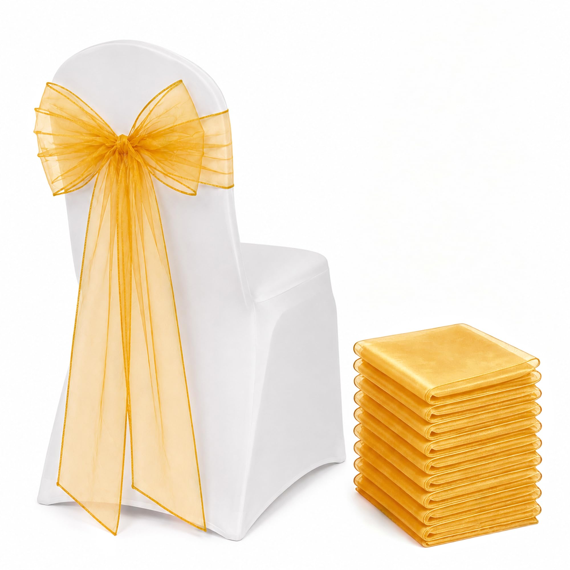 Organza Chair Sashes, 10Pcs Reusable Sheer Chair Bows Tie, Decoration Bow Sashes for Birthday Graduation Wedding Engagement Ceremony Party Banquet for All Chair Various Festivals (Gold 10Pcs)