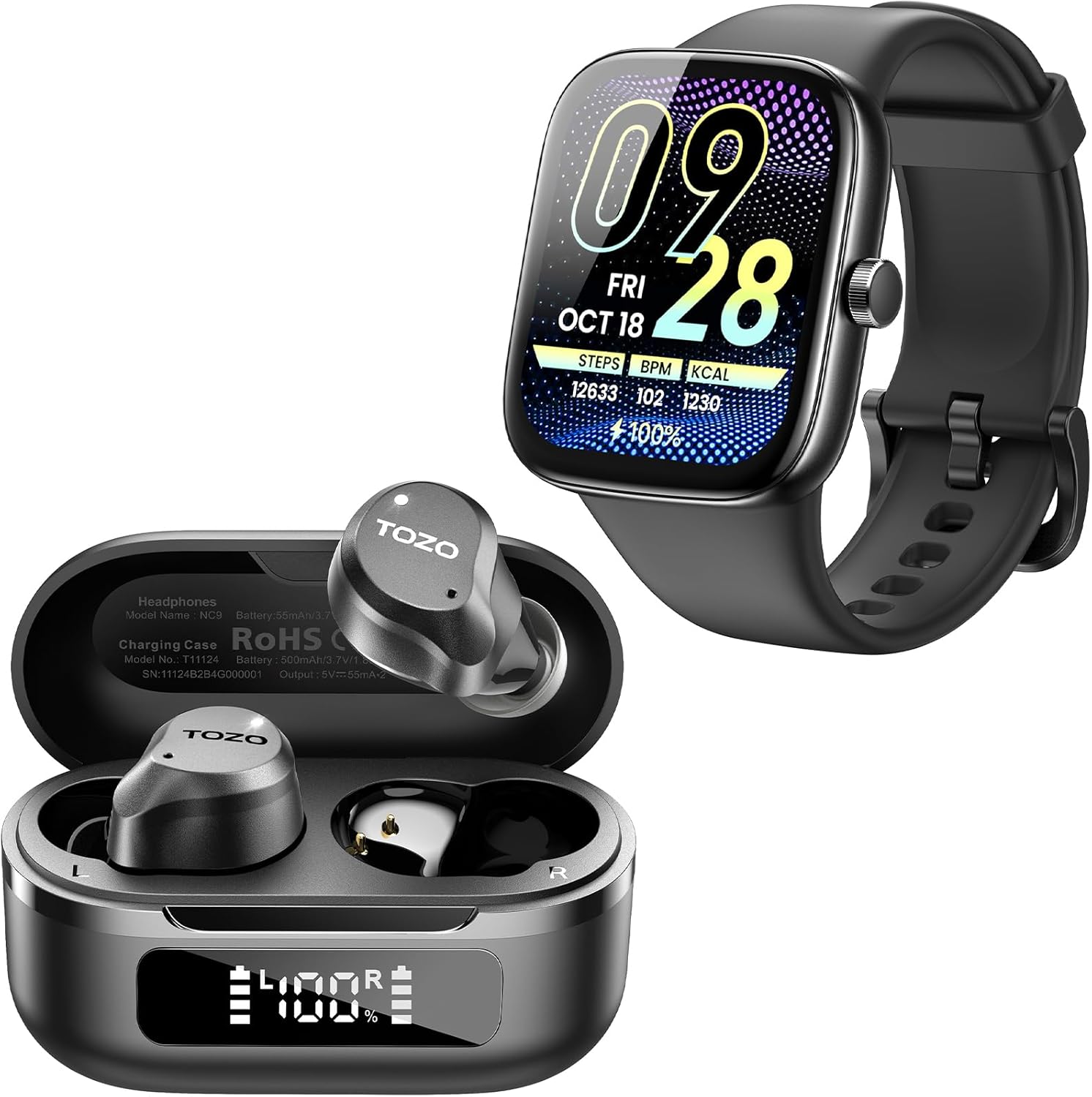 TOZO AMOLED S7 Smart Watch Bluetooth Call 1.85 Inch Ultra HD Screen+Hybrid Active Noise Cancelling Wireless Earbuds, 6 Mics ENC Clear Call
