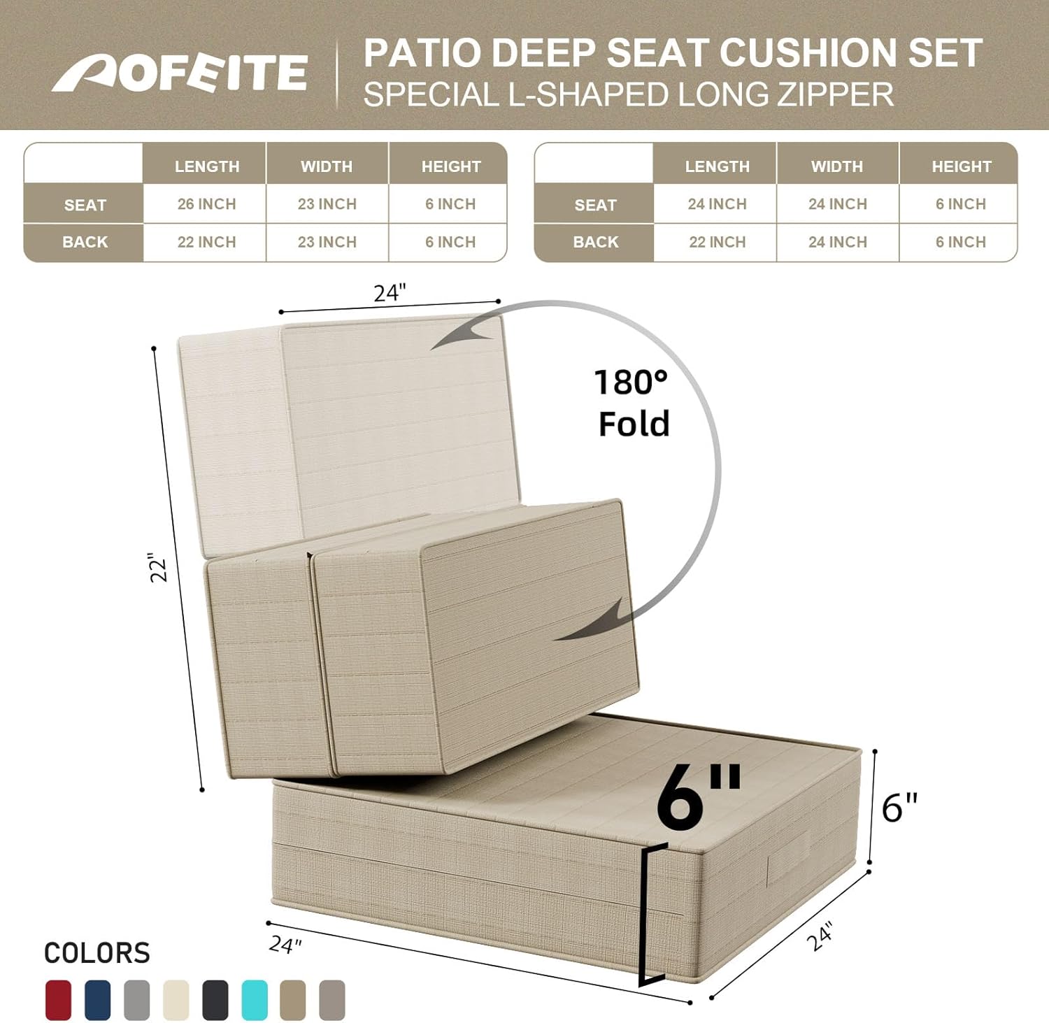 6 Inch Thick Foldable Deep Seat Cushion Set, 24 x 24 Inch Outdoor Water & Fade Resistant Olefin Patio Furniture Replacement Chair Cushion, with Removable Cover, Handle and Straps, Beige