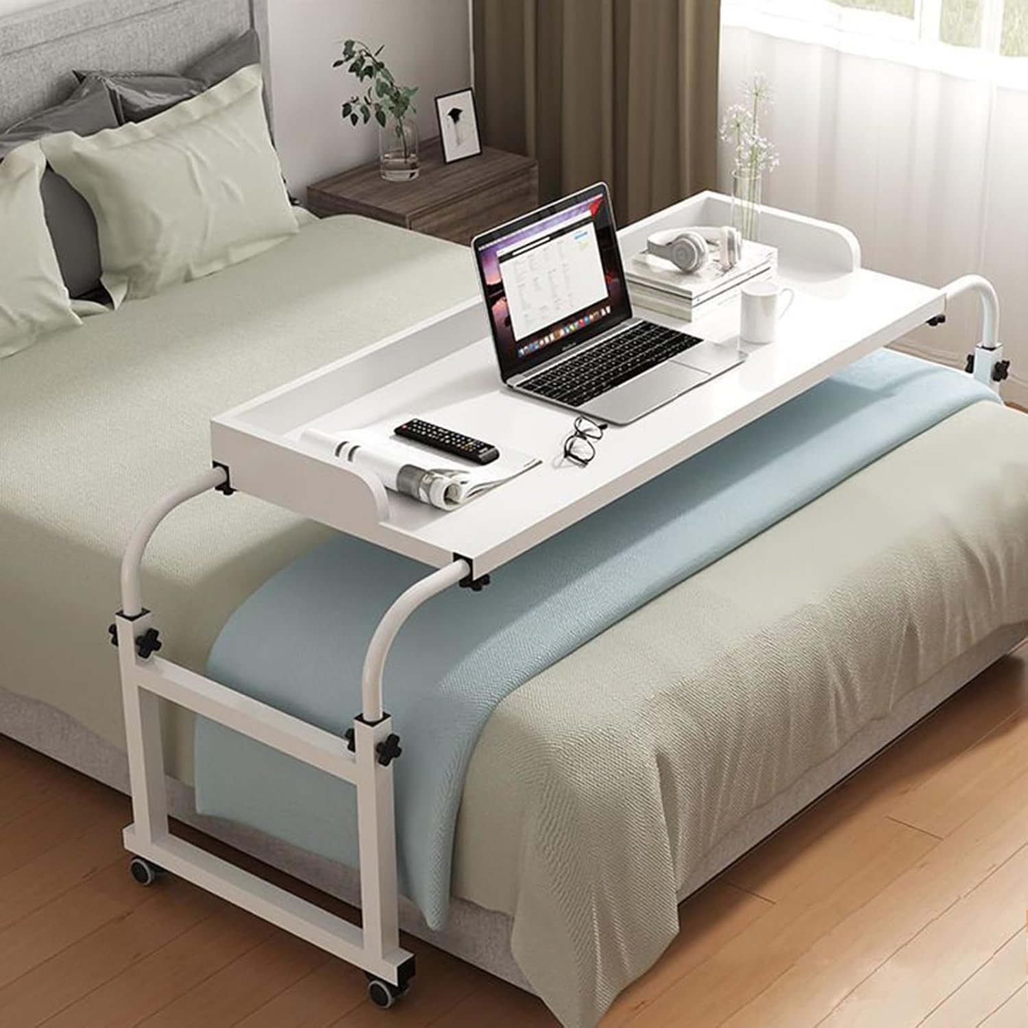 Extendable Rolling Mobility Table Over Bed,Bedtable Adjustable Height Overbed Table with Wheels - Mobile King Queen Laptop Long Desk for Bedside, Medical Use, Food Tray - Rolling B