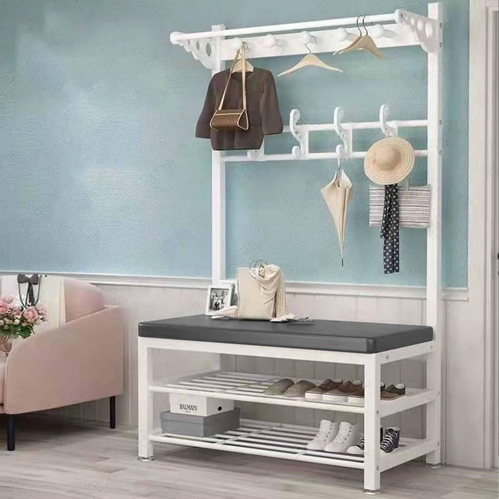 FGXHHS Stylish Entryway Hall Tree with Shoe Bench & Metal Coat Rack - White 100cm Cushioned Seating for Coats Shoes Ideal Storage Solution