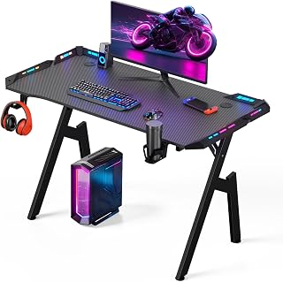 Warmiehomy Gaming Desk with LED Lights 120 x 60cm Computer Desk, Black | RGB Gaming Table with Headphone Hook ,Cup Holder and Mouse Pad. Large Gamer Table for Home Office, Bedroom.