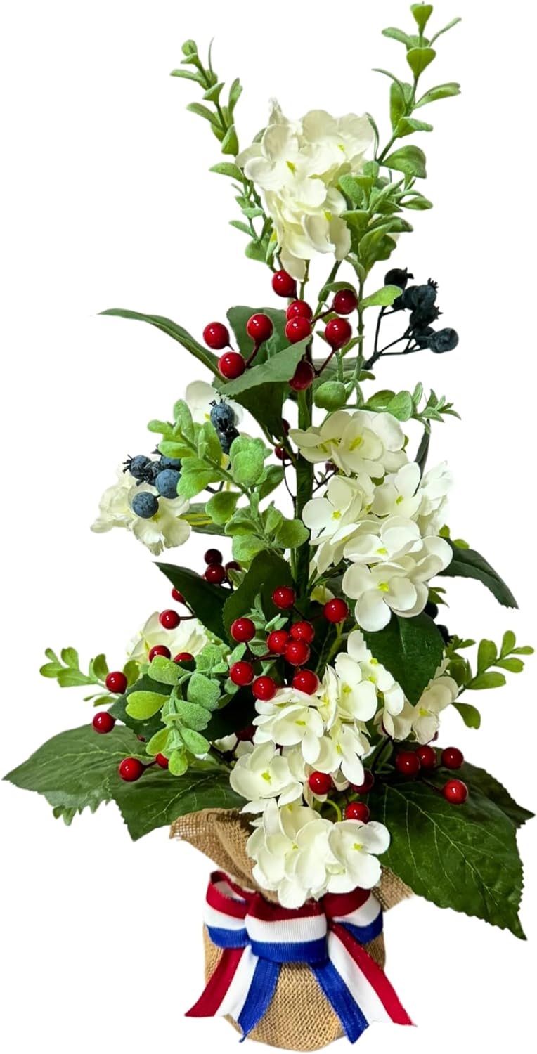 Lighted Patriotic Tree 4th of July Decorations Patriotic Floral Arrangement Centerpiece for Table Red Berries White Hydrangea Blueberry 10 LED with Timer for Independence Day Home Decor,Memorial Day