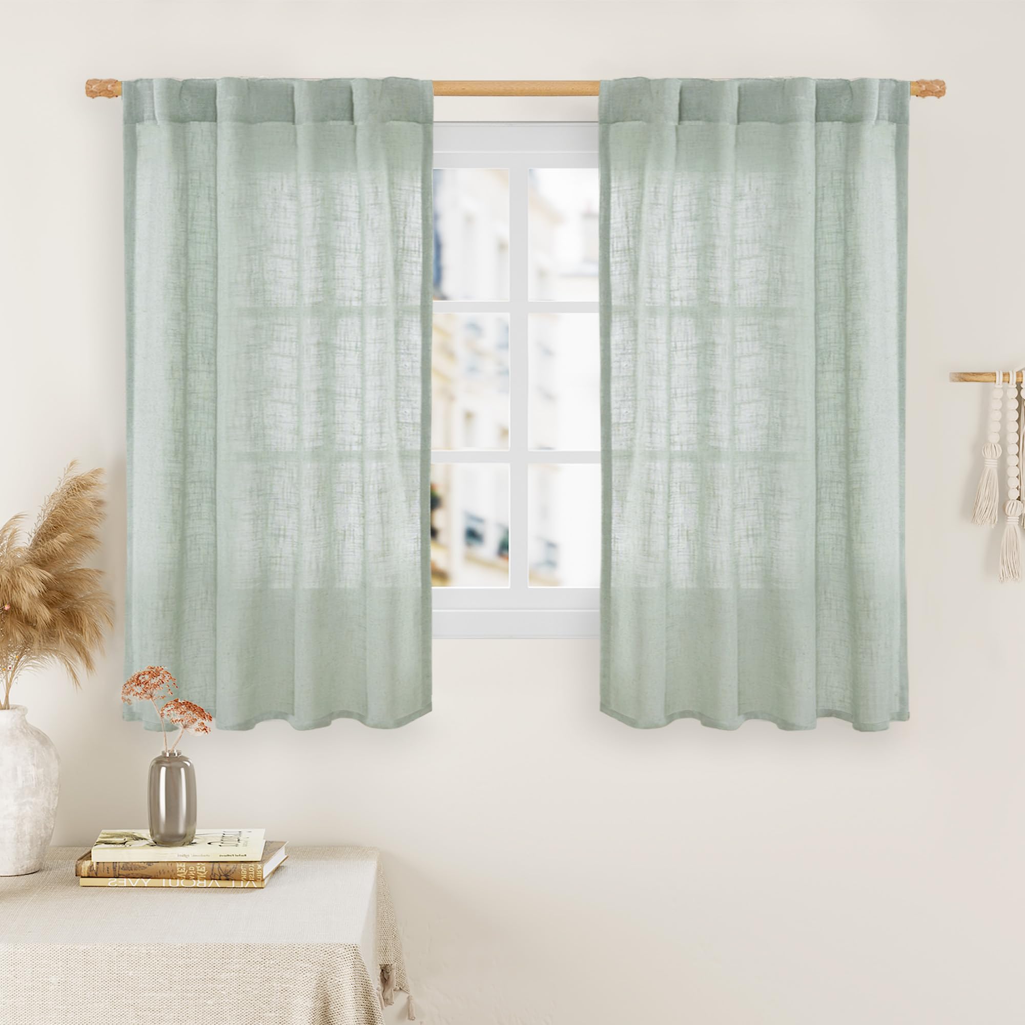 LAMIT 54 Inch Semi Sheer Window Linen Curtains, Light Filtering Panels