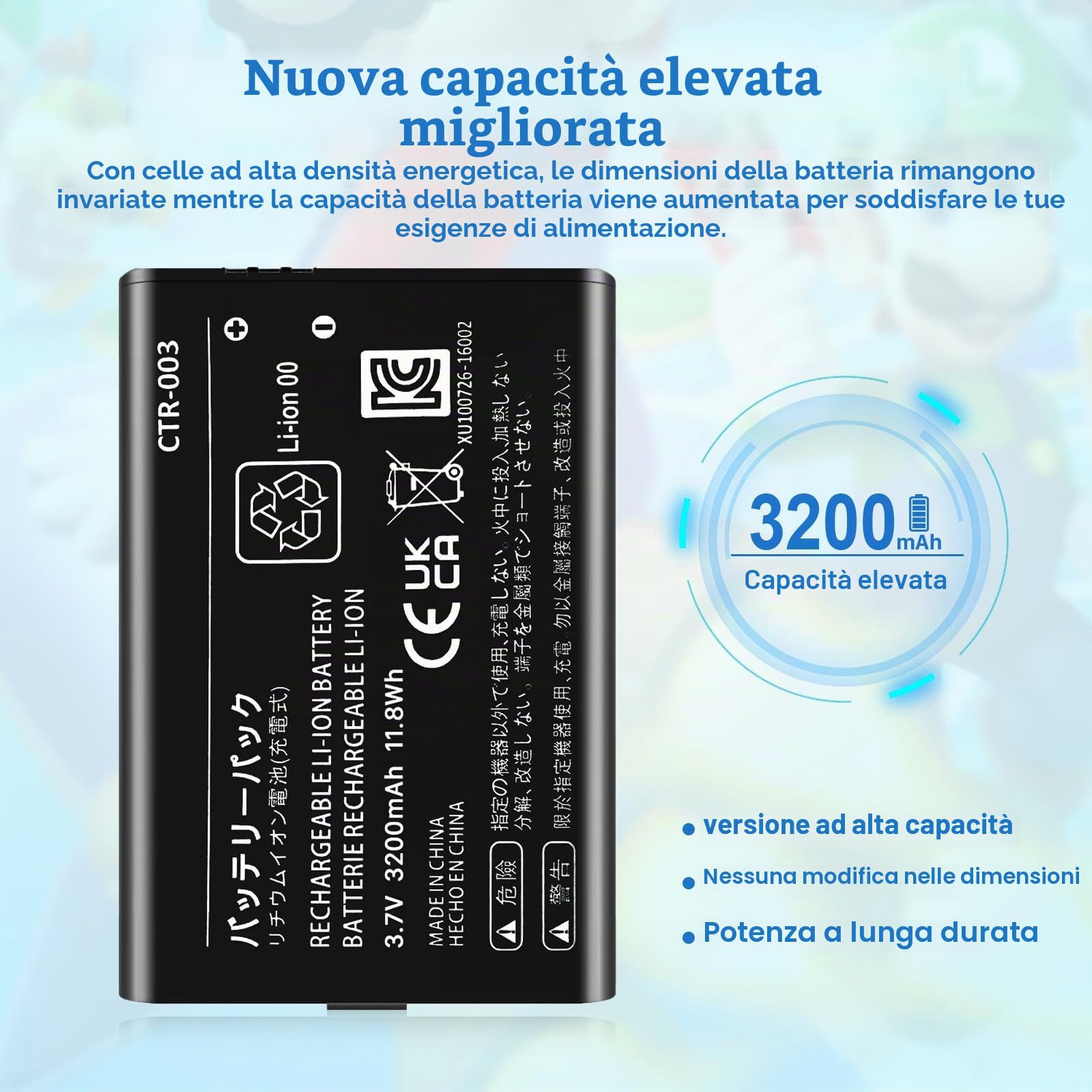 3DS - Batteria sostitutiva CTR-003, 3200 mAh, compatibile con Nintendo 3DS N3DS CTR-001 MIN-CTR-001 con kit di attrezzi (non per New 3DS, 3DS XL)