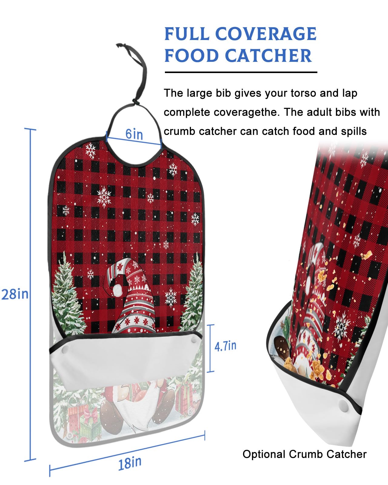 Jolunifun Christmas Plaid Adult Bib for Adults Men, Women, Washable & Adjustable Terry Cloth Bib with Crumb Catcher Reusable Waterproof Clothing Clothes Protector Apron Red Black Gnomes Pine Tree
