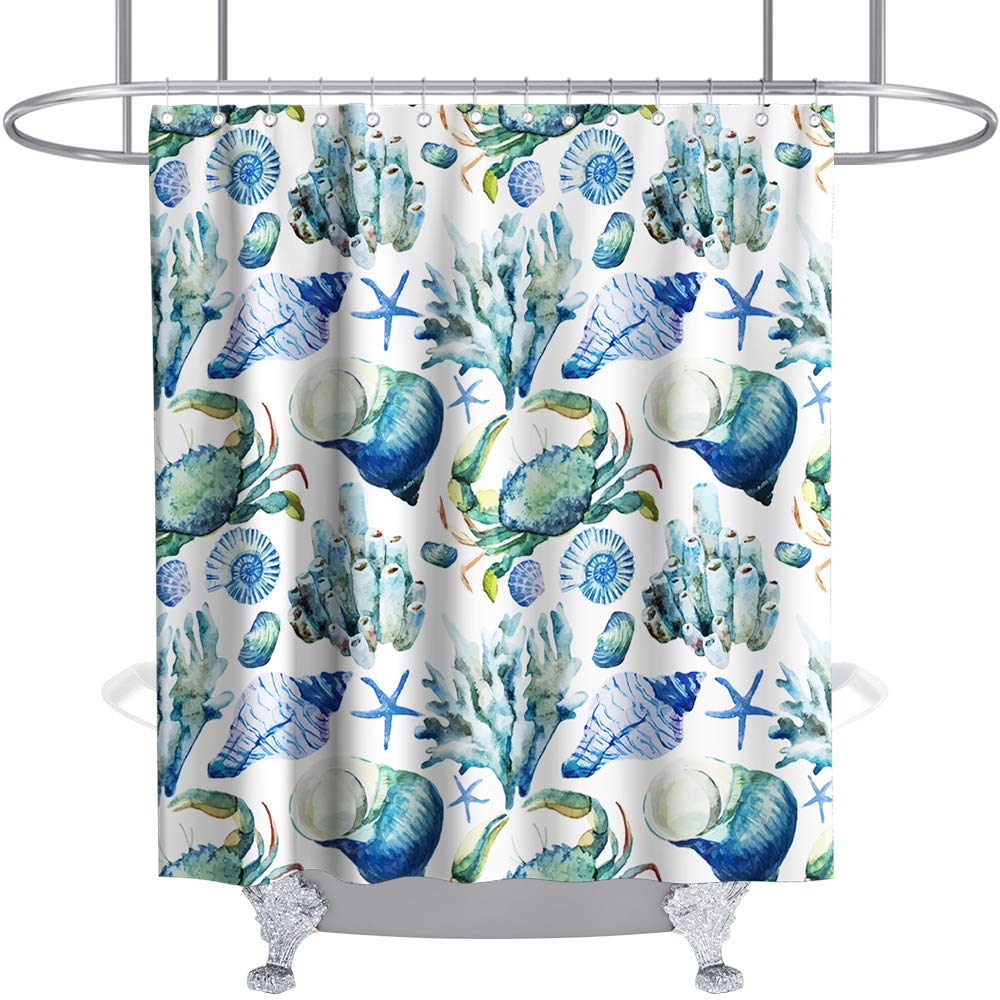 Kntiline Ocean Coastal Shower Curtain Seashell Starfish Nautical Theme Fabric Beach Bathroom Sets Decor with Hooks Waterproof Washable (72" L x 72" W)