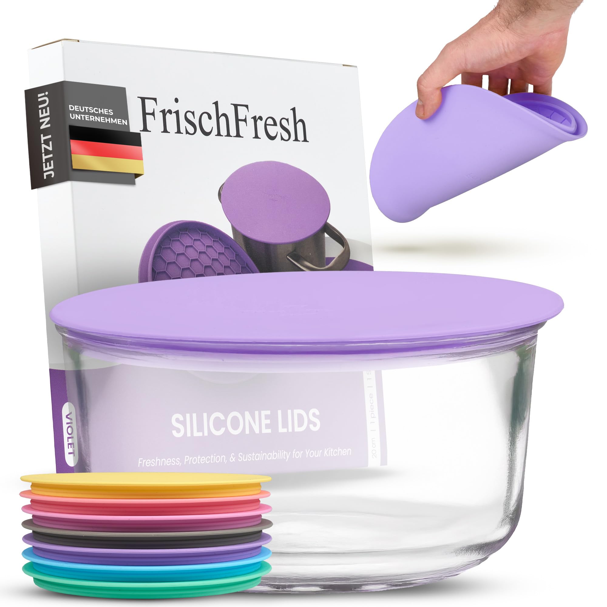 Frischfresh Purple (Pastel) Flexible Lid, Food Storage Lid, Silicone Lids & Coasters, Pots, Bowls, Pans, Airtight, Lightproof, Space-Saving, Long Durability, Dishwasher, Bpa-Free, -40°C + 200°C (20 Cm Purple)