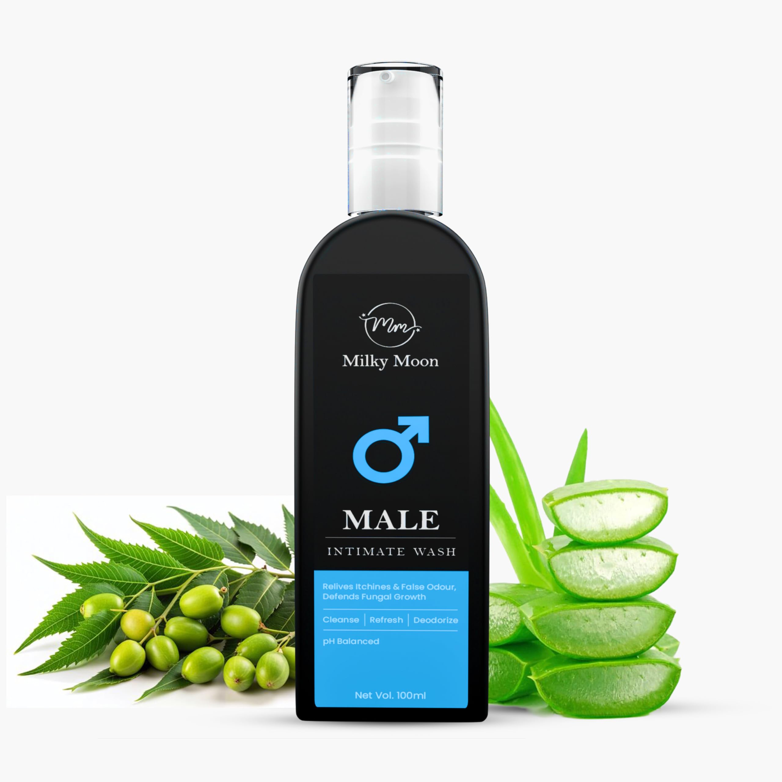Milky Moon Male Intimate Wash with Aloe Vera, Barberry, Tea Tree, Neem, pH Balanced, 100ml for Cleansing, Refreshing and Deodorising