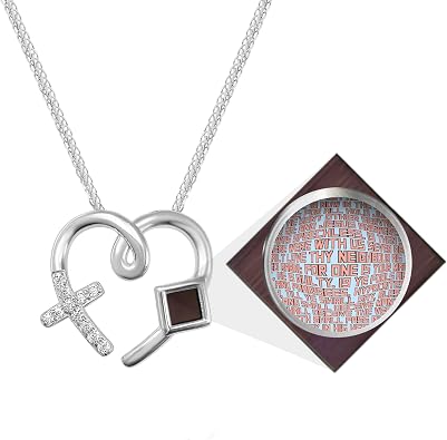 Cross Heart Necklace Nano Bible in Jewelry - 925 Sterling Silver Christian CZ Pendant Holy KJV New Testament Microchip, Romantic Religious Mothers Day Gift Jewelry, 18" Spiga Chain