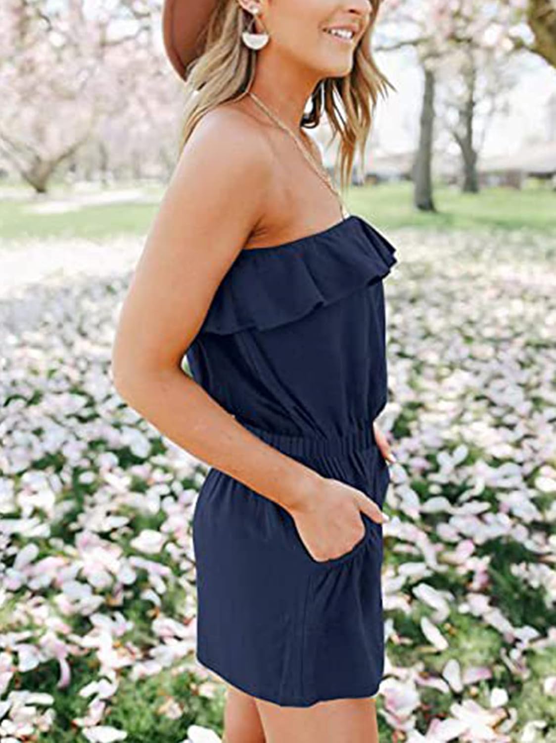 Sumtory Women Off the Shoulder Ruffle Romper Summer Strapless Short Jumpsuit with Pocket - Image 3