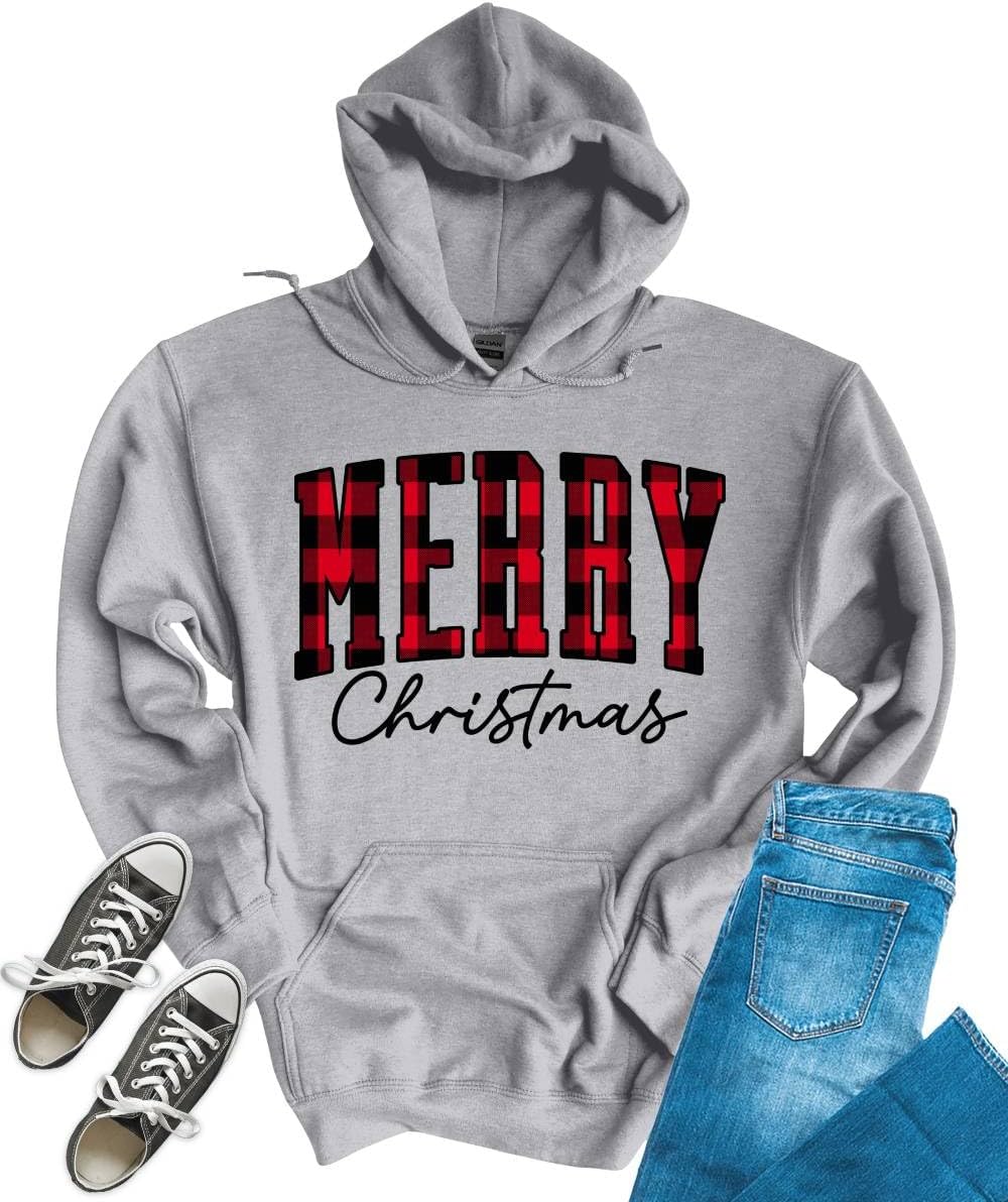 GyftWear Merry Christmas Hoodies for Women Letter Print Plaid Holiday Tops