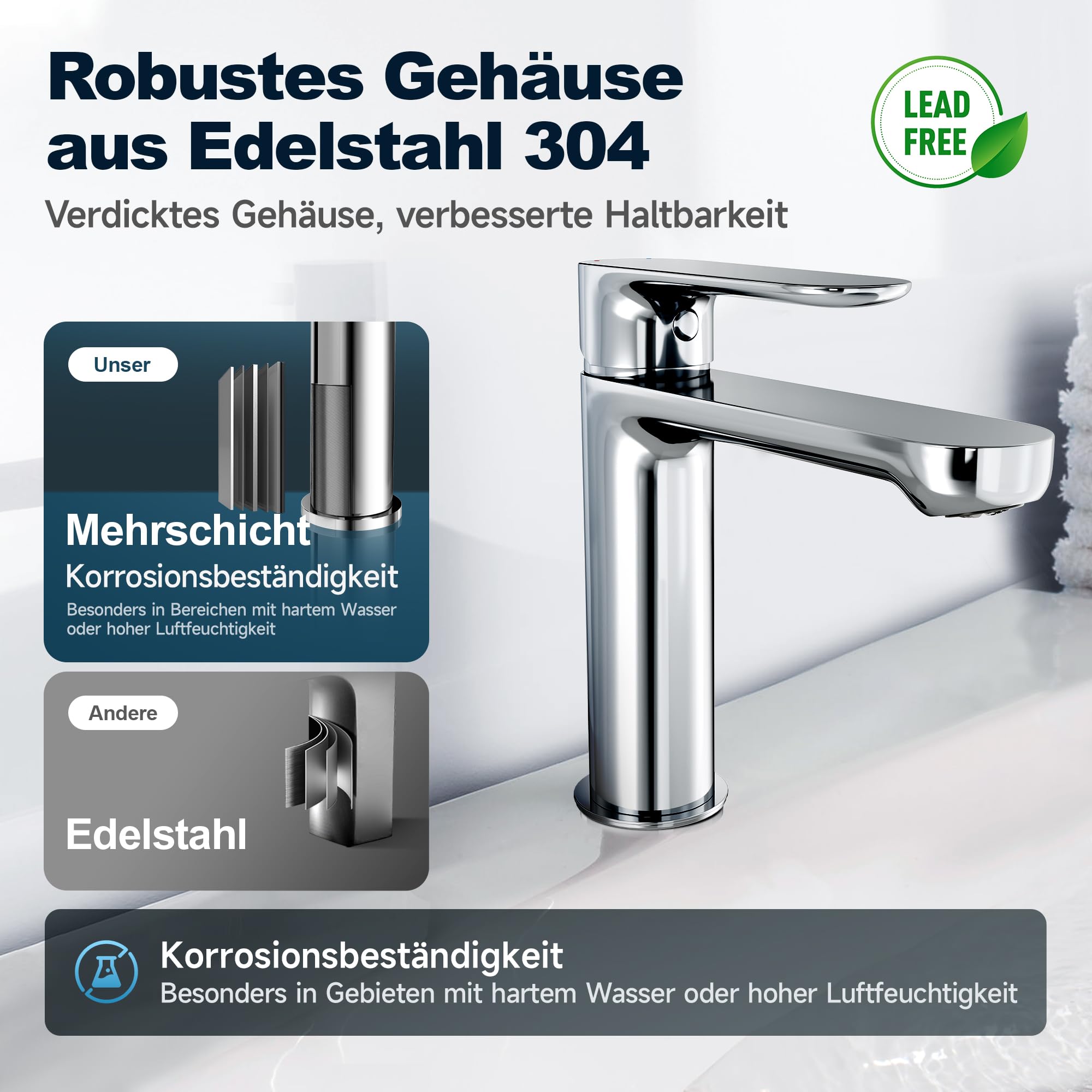 Wasserhahn Bad aus Edelstahl, Moderner Waschtischarmatur für Badezimmer mit Keramikkartusche und Ungiftigem EPDM-Innenschlauch, Einhebelmischer Waschbecken für Waschtisch und Badmöbel