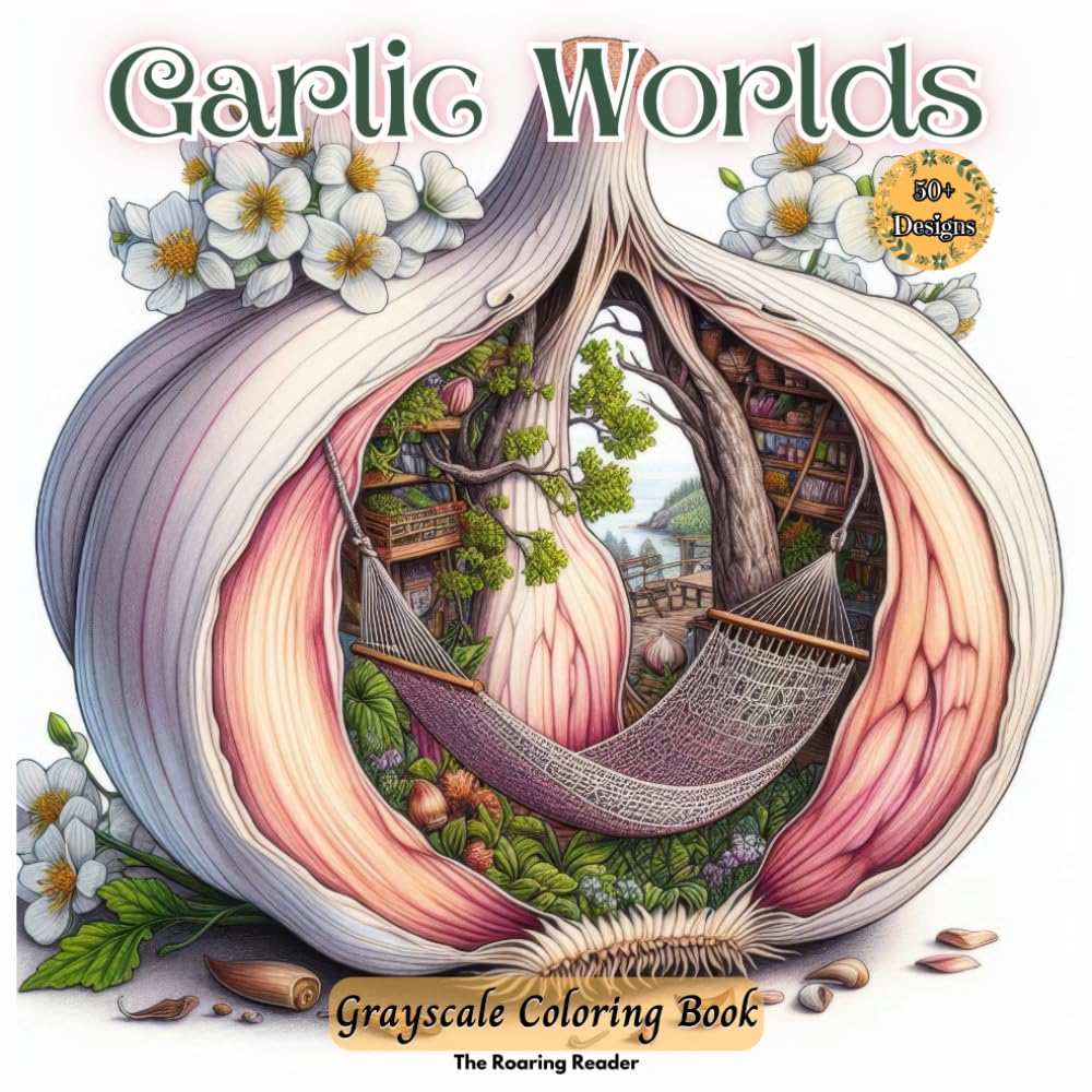 Garlic Worlds Grayscale Coloring Book: Featuring Magical, Peaceful Scene, Birds and Fruit Hidden Inside Garlic Cloves for Creativity and Relaxation (Whimsical world inside small things.)