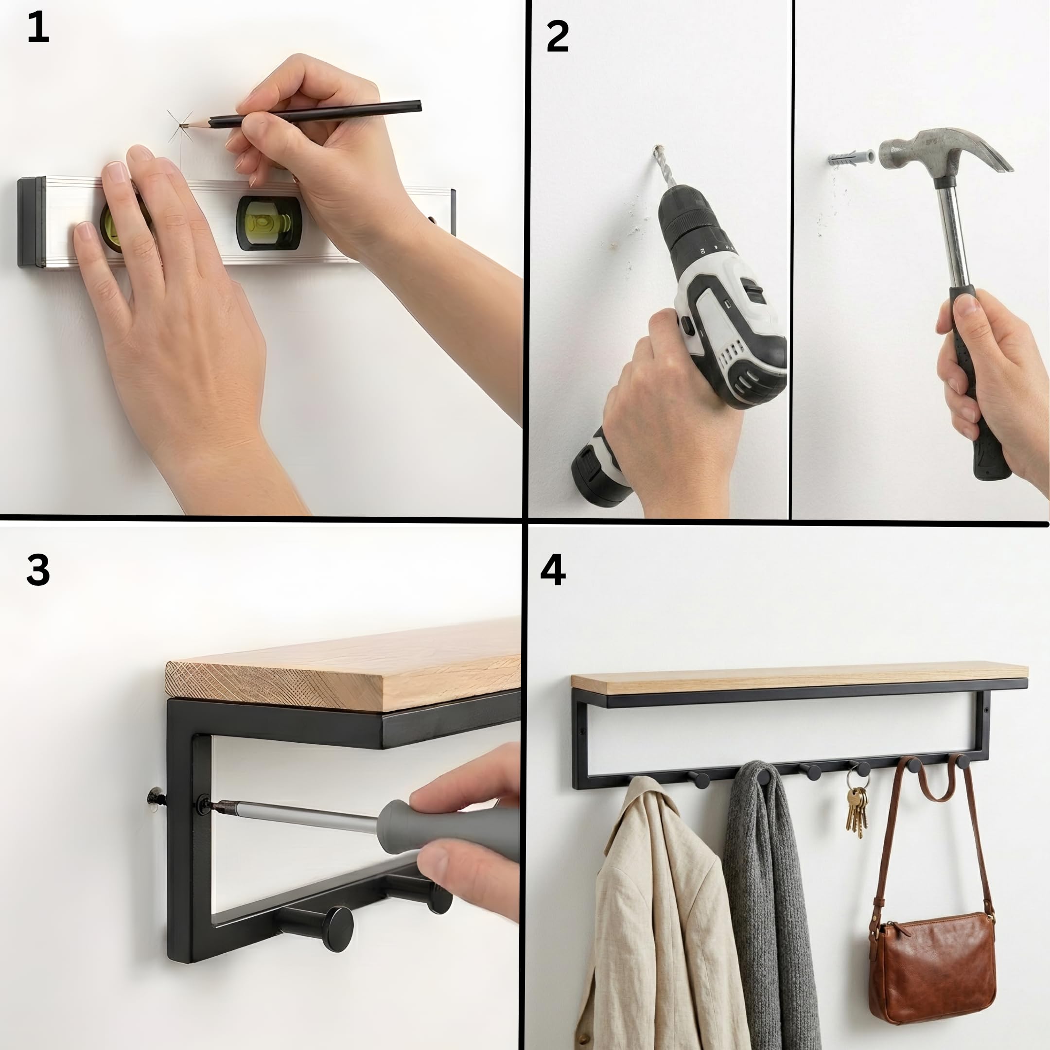 Wandgarderobe mit Ablage 60 cm – 7 Haken Schwarz – Flurgarderobe Metall & Eichendekor – Garderobenleiste Wand – Hakenleiste Schlüsselbrett flur möbel