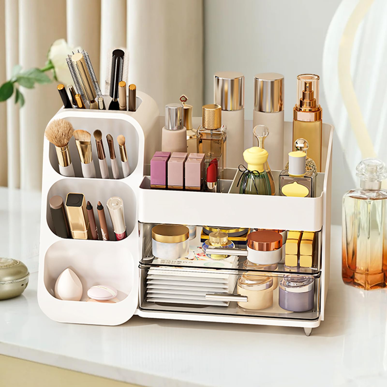 LZDMY Makeup Organizer Countertop, Vanity Organizer with Brush Holder, Cosmetic Display Case with Drawers, Skincare Organizer for Dresser, Bathroom, Makeup Storage Holder for Women Christmas gifts