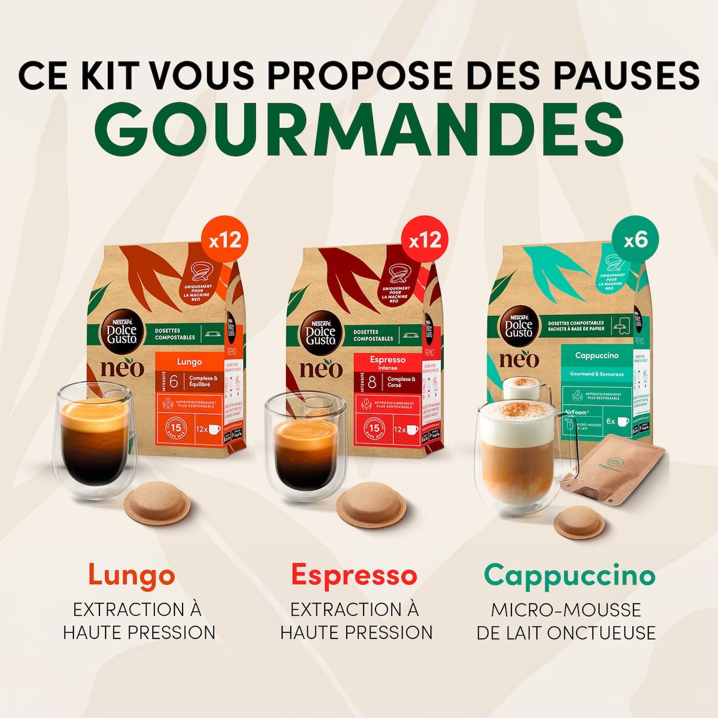 Dolce Gusto NEO Coffee Machine by Krups, Machine à café + 3 boites de dosettes compostables (Espresso, Lungo, Cappuccino), Cafetière multi-boissons connectée YY5242FD