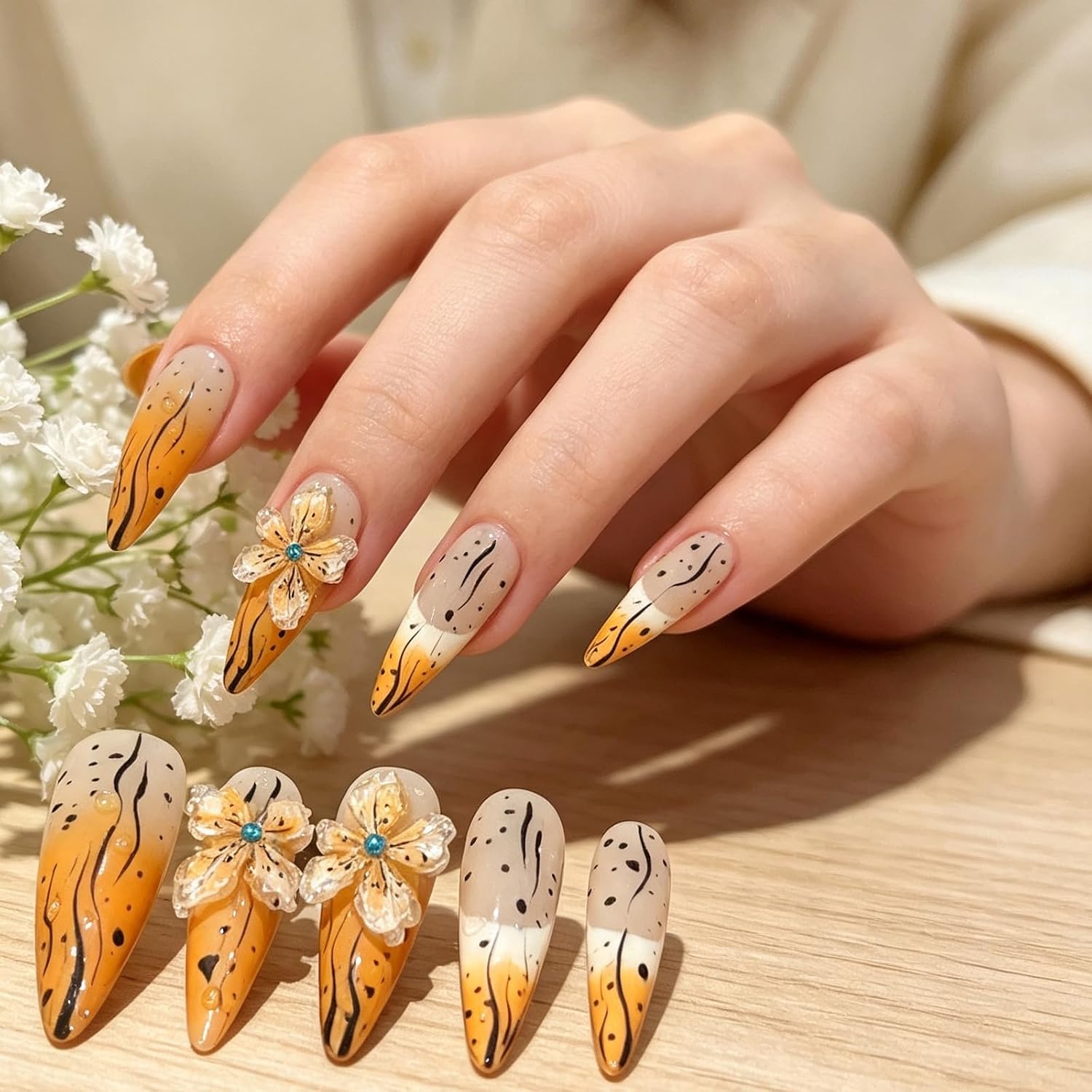 3D Floral Artificial Nails Art Set with Raised Flower, S