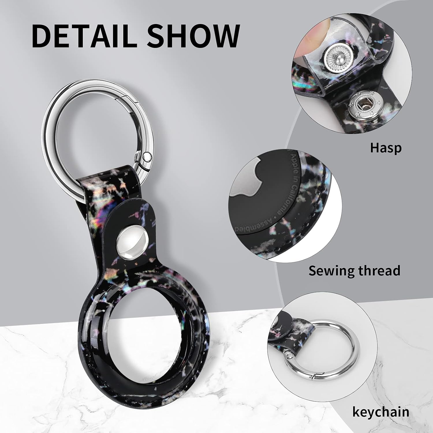 www leather case for airtag phone finder anti scratch protective lightweight sleeve skin cover airtags holder with anti lost keychain marble black