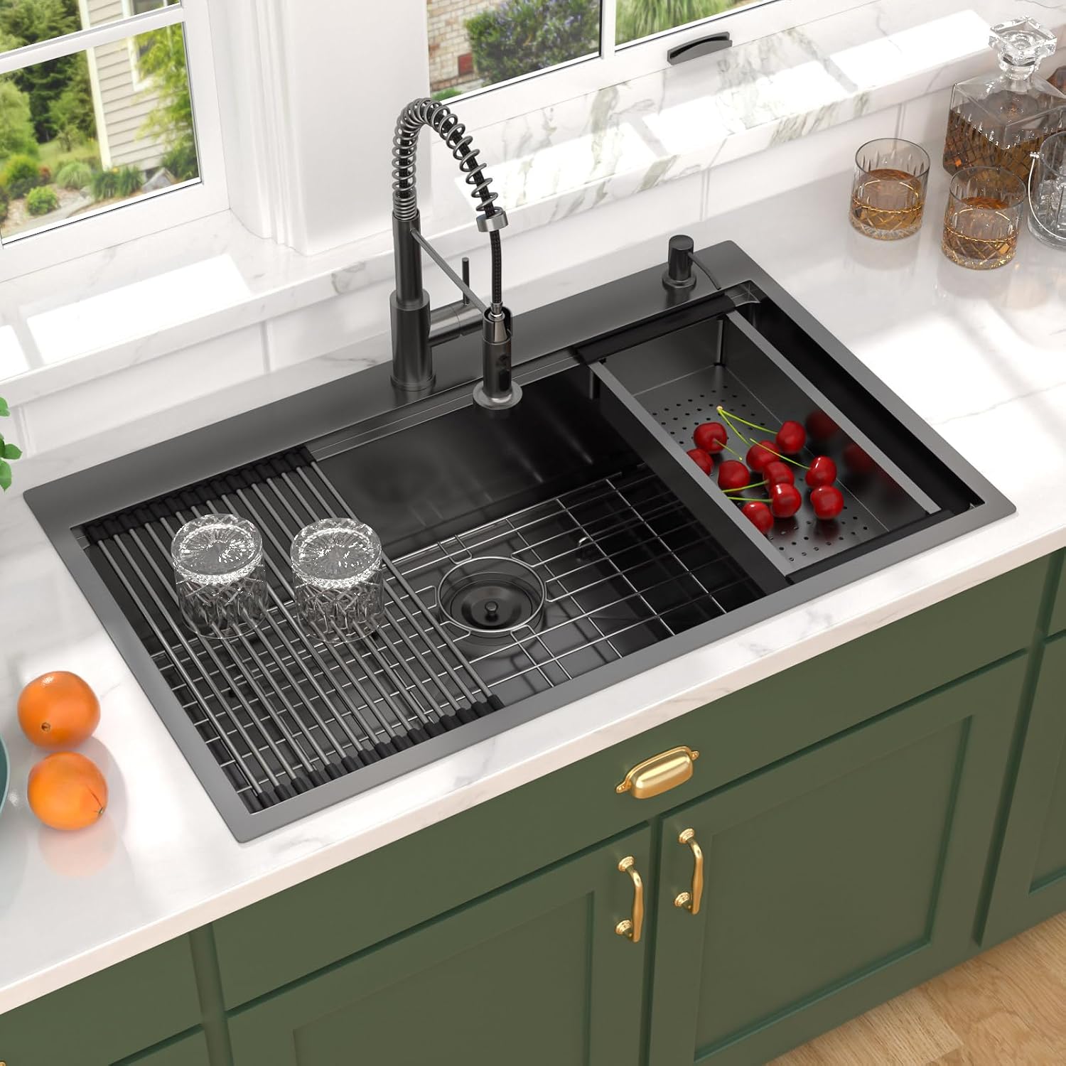 36 Inch Drop In Kitchen Sink with Faucet Combo - 36x22 Workstation All-In One Drop In Gunmetal Black NANO-PVD 16 Gauge Stainless Steel Kitchen Sink Topmount Single Bowl Large Sinks #TLT-0025