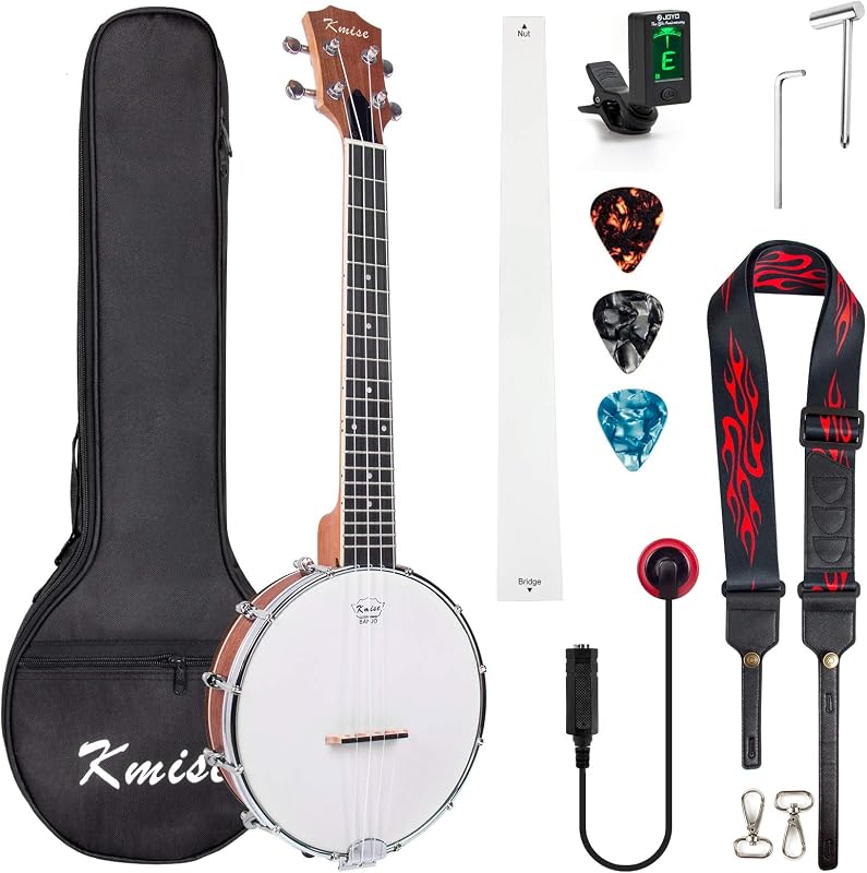 Kmise Tenor Banjolele 4 String Banjo Ukulele 26 inch with Bag Tuner Strap Pickup Ruler Wrench Bridge Brownish Yellow