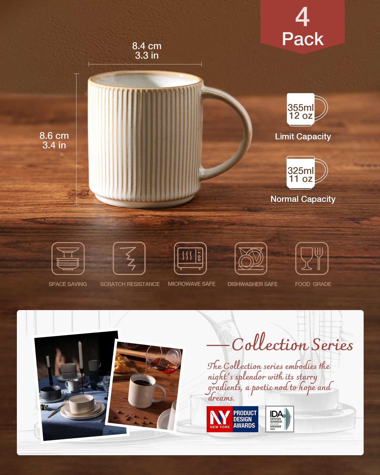 Nebula Juego de 4 Tazas de café, Tazas de té de gres de 12 oz/340 ml con Mango Grande para café con Leche/Capuchino/Leche/Cacao/té, aptas para microondas y lavavajillas, Color marrón Canela