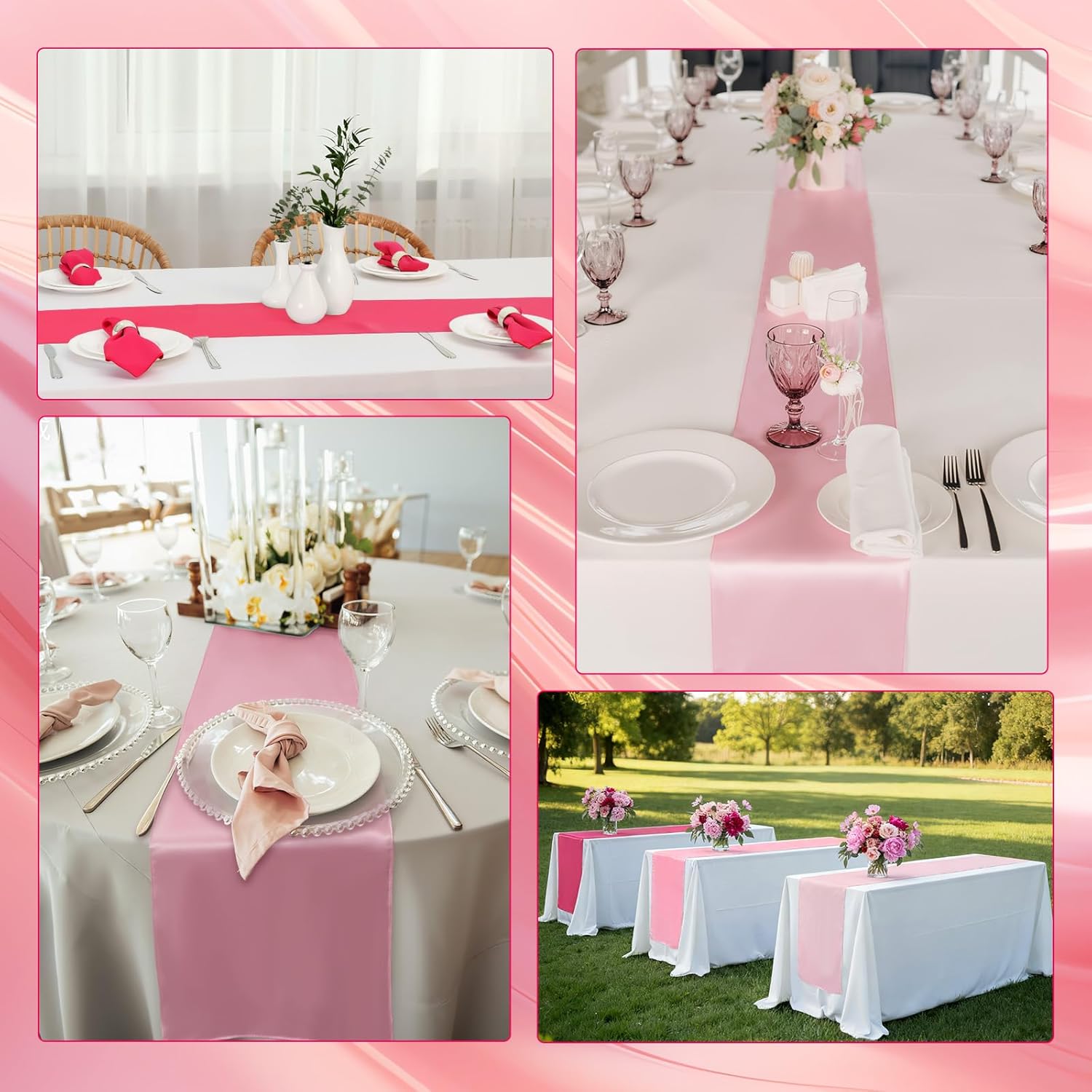 12 Pcs Pink Satin Table Runner Wedding Party Decorations 108" Long Table Party Supply for Sunset Thanksgiving Bridal Wedding Bachelorette Decor