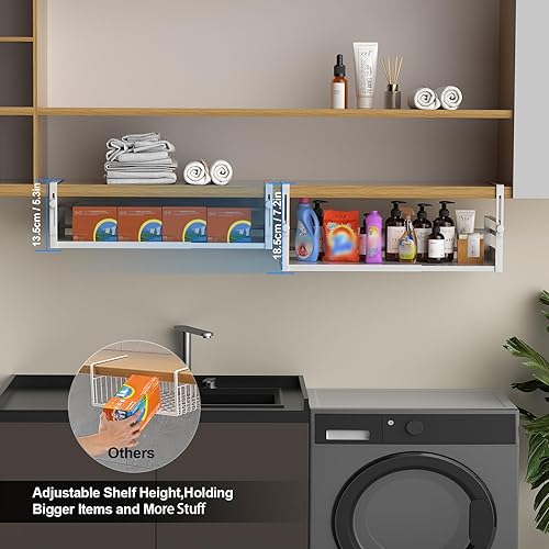 Miniatura 4 de Paquete de 2 cestas organizadoras debajo del estante, almacenamiento ajustable debajo del gabinete, longitud del soporte colgante elástica de 13 a