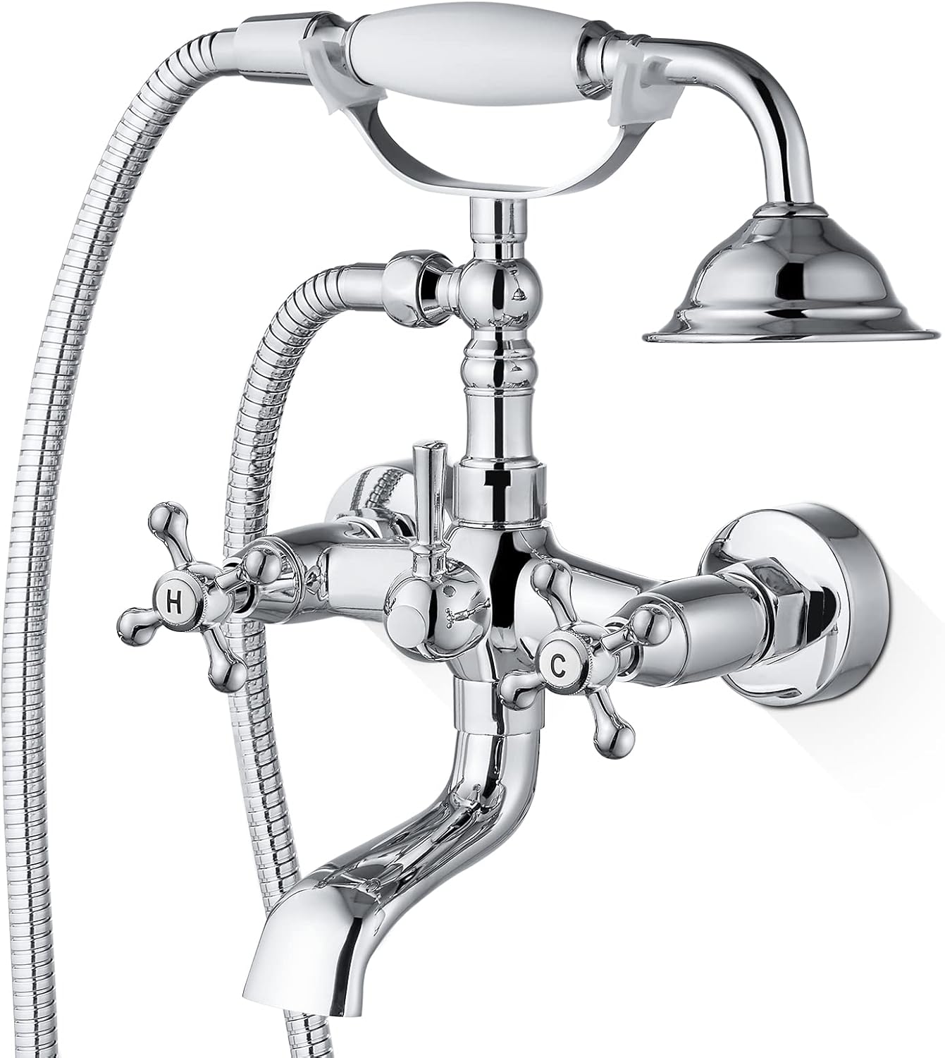 Airuida Wall Mount Bathtub Faucet with Telephone Handheld Sprayer, Double Hot and Cold Mixer, Cross Handles,Vintage Victorian Style Tub Filler Set Chrome Polish