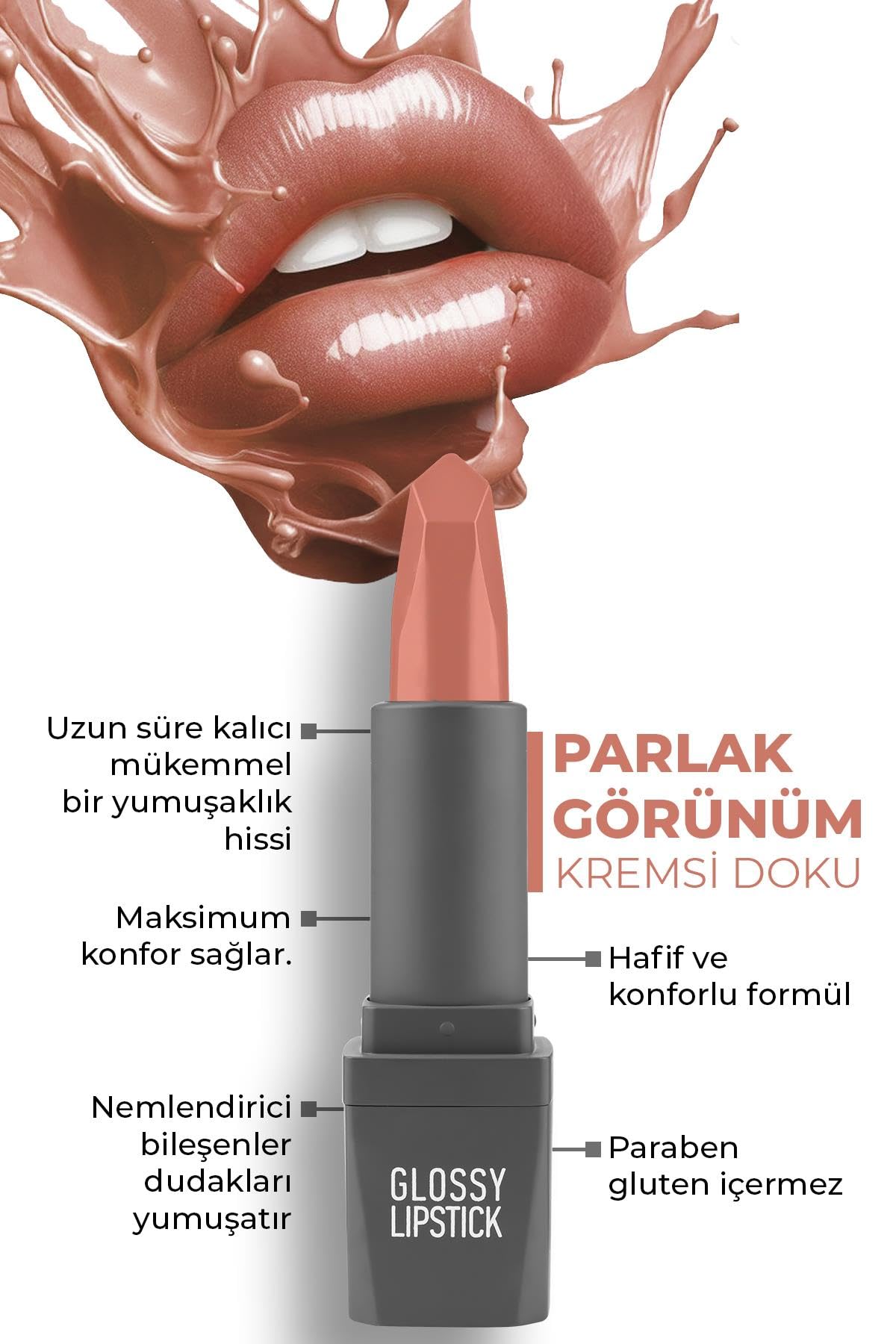 ALIX AVIEN Uzun Süre Kalıcı Yoğun Renk Veren Nemlendirici Parlak Ruj - Glossy Lipstick 304 Nude Apricot (3 paketi)