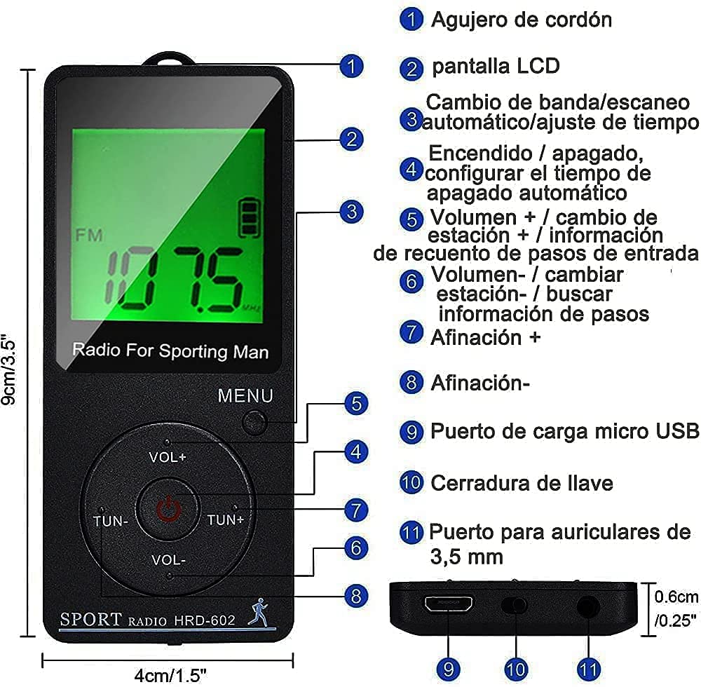 Radio portátil FM de Bolsillo con, Radio de Bolsillo Digital Recargables USB Radios con Auriculares, Podómetro, Temporizador de sueño y Reloj, Auto-búsqueda y Memorización, para Caminar, Trotar