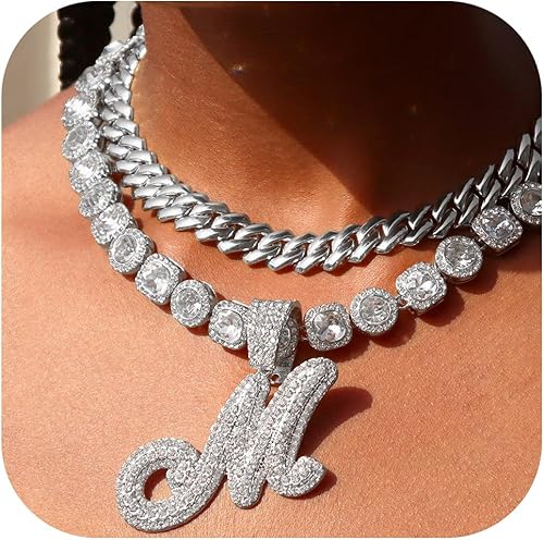 Lucopsny 2 cadenas de eslabones cubanos para mujer, collar con inicial de plata cursiva, collar de eslabones cubanos para mujer, collar de cadena
