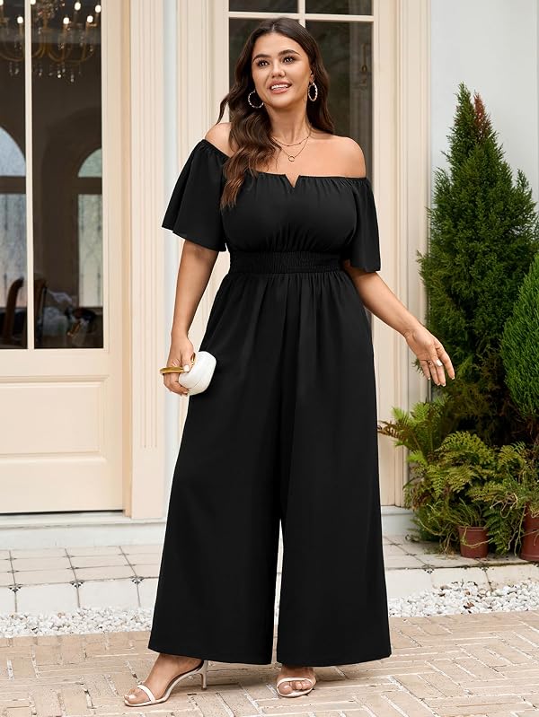 SCOMCHIC Women's Plus Size Jumpsuits Square Neck Dressy Casual Wide Leg Long Pant Romper One Piece Outfits With Pockets by SCOMCHIC - Image 2