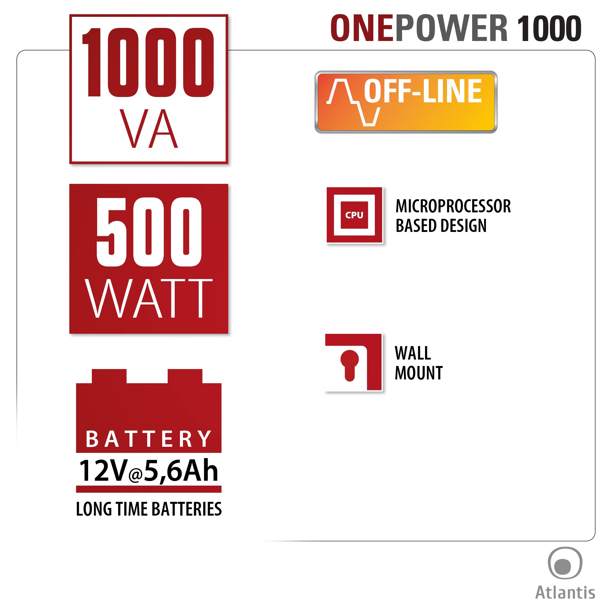 Atlantis Land OnePower 1000 sistema de alimentación ininterrumpida (UPS) 1000 VA 6 salidas AC - Fuente de alimentación continua (UPS) (1000 VA, 500 W, 162 V, 290 V, 220 V, 50 Hz)