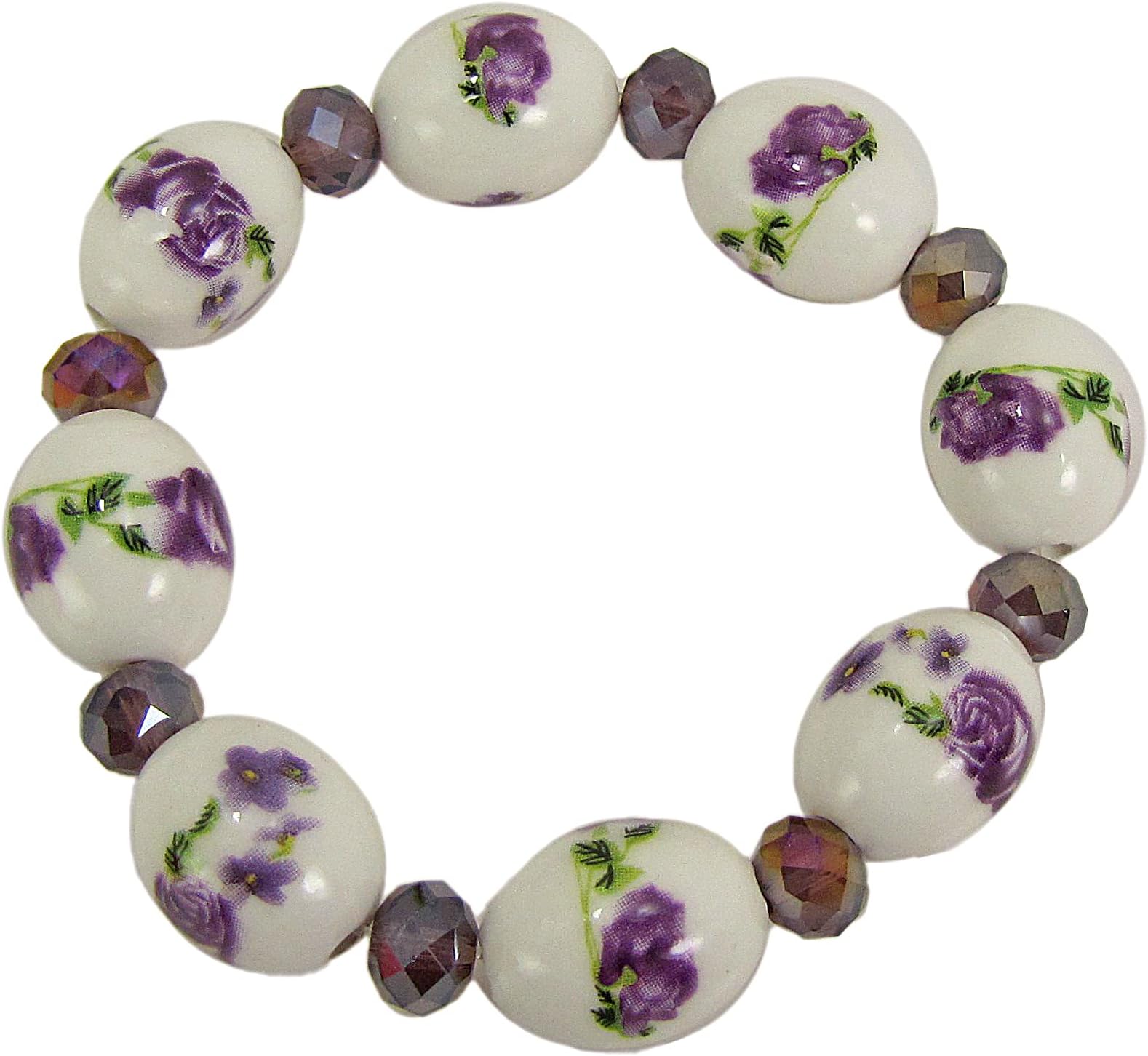 Calisa DesignsPurple flower genuine porcelain bead stretch bracelet with pretty purple flowers and purple glass beads.