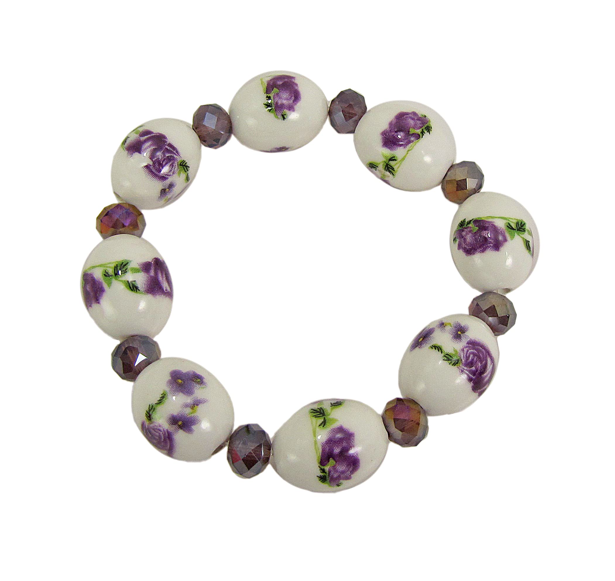Calisa DesignsPurple flower genuine porcelain bead stretch bracelet with pretty purple flowers and purple glass beads.