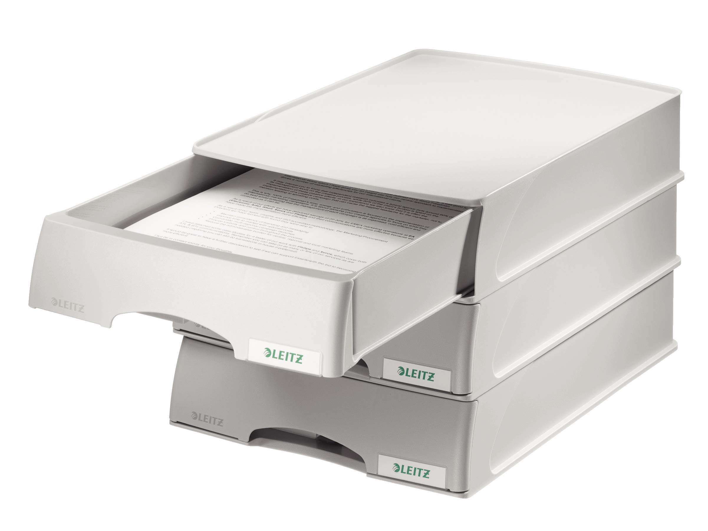 Leitz Briefkorb-Schublade A4, 4er Pack, Schubladenbox in Premium-Qualität für vertrauliche Unterlagen, Stapelbare Ablagefächer kombinierbar mit Briefkörben, Grau, Plus-Serie, 52100085