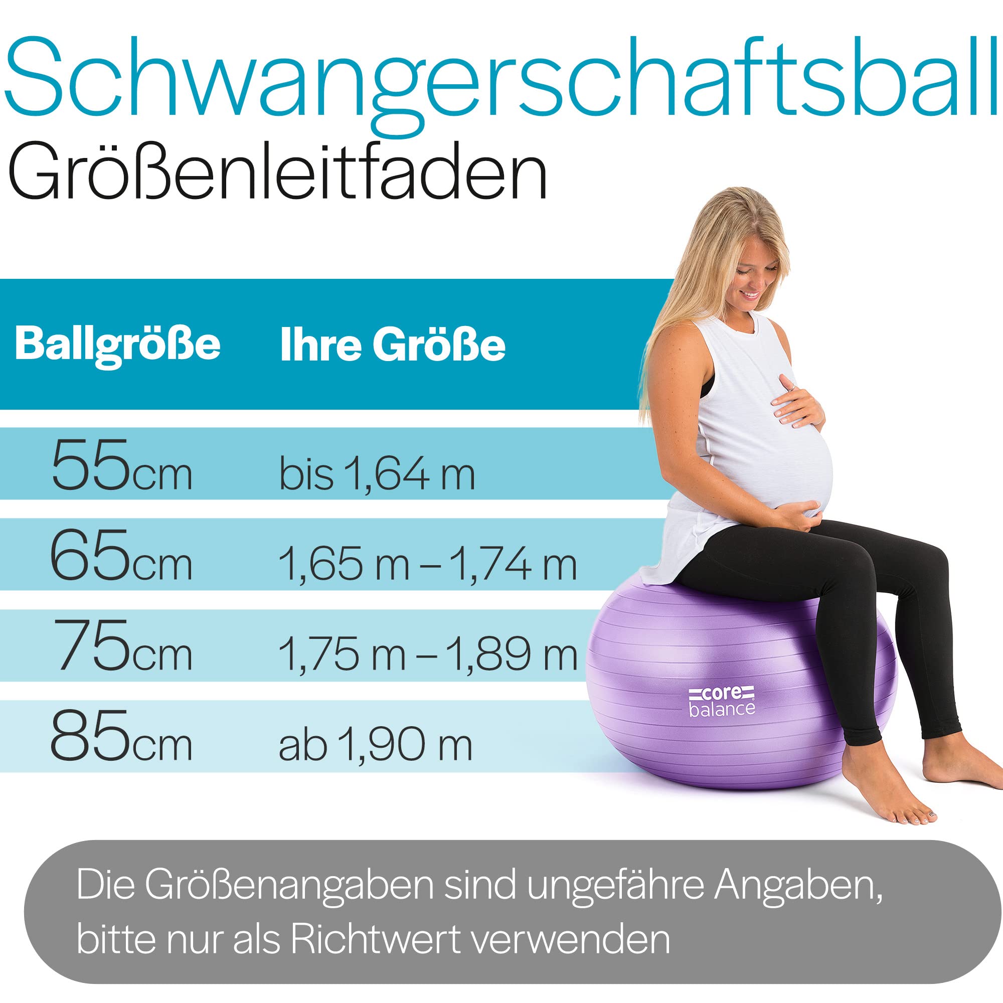 Core Balance Gymnastikball Schwangerschaft – Gymnastikball Groß und Berstsicher für Schwangerschaftsgymnastik – Fitball mit Luftpumpe (Lila)