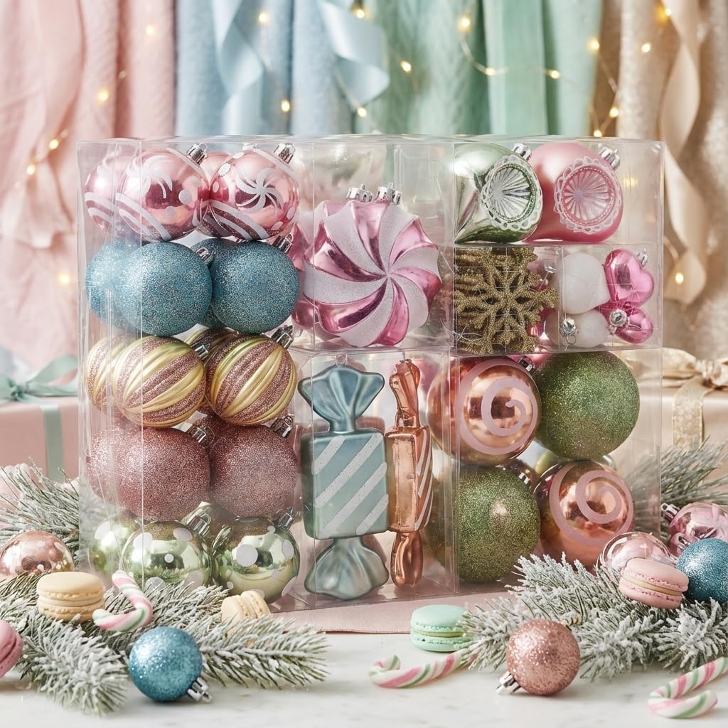 Valery Madelyn Christmas Ornaments Set, 108ct Candy Cane Red and White Shatterproof Christmas Tree Decorations Ball Ornaments Bulk, Hanging Ornaments for Xmas Trees Holiday Party Decor