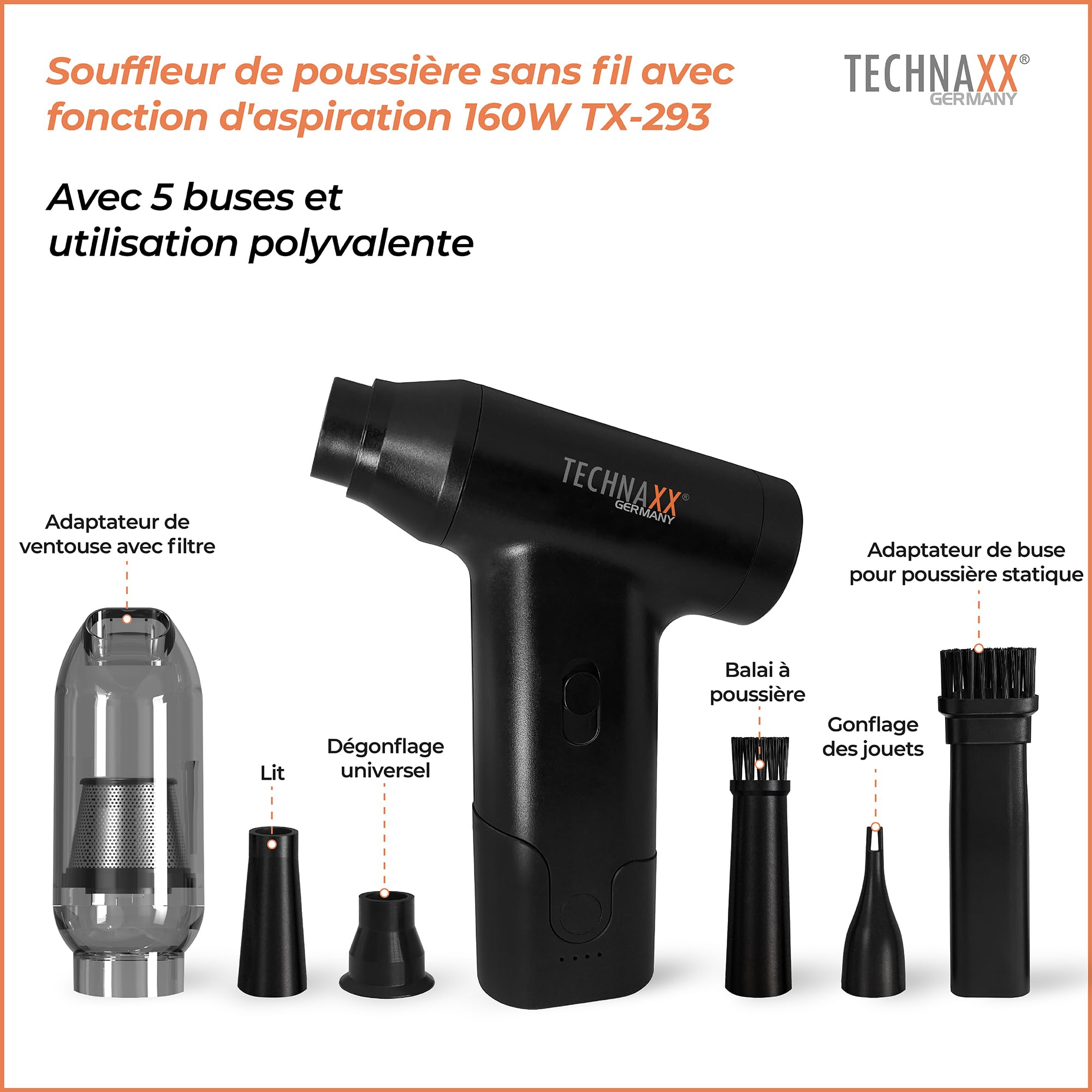 Aspirateur à main sans fil Technaxx avec dépoussiéreur à air, dépoussiéreur électrique rechargeable 160 W TX-293 – Contrôle de vitesse en continu, 5 buses polyvalents – Pour les voitures, les claviers